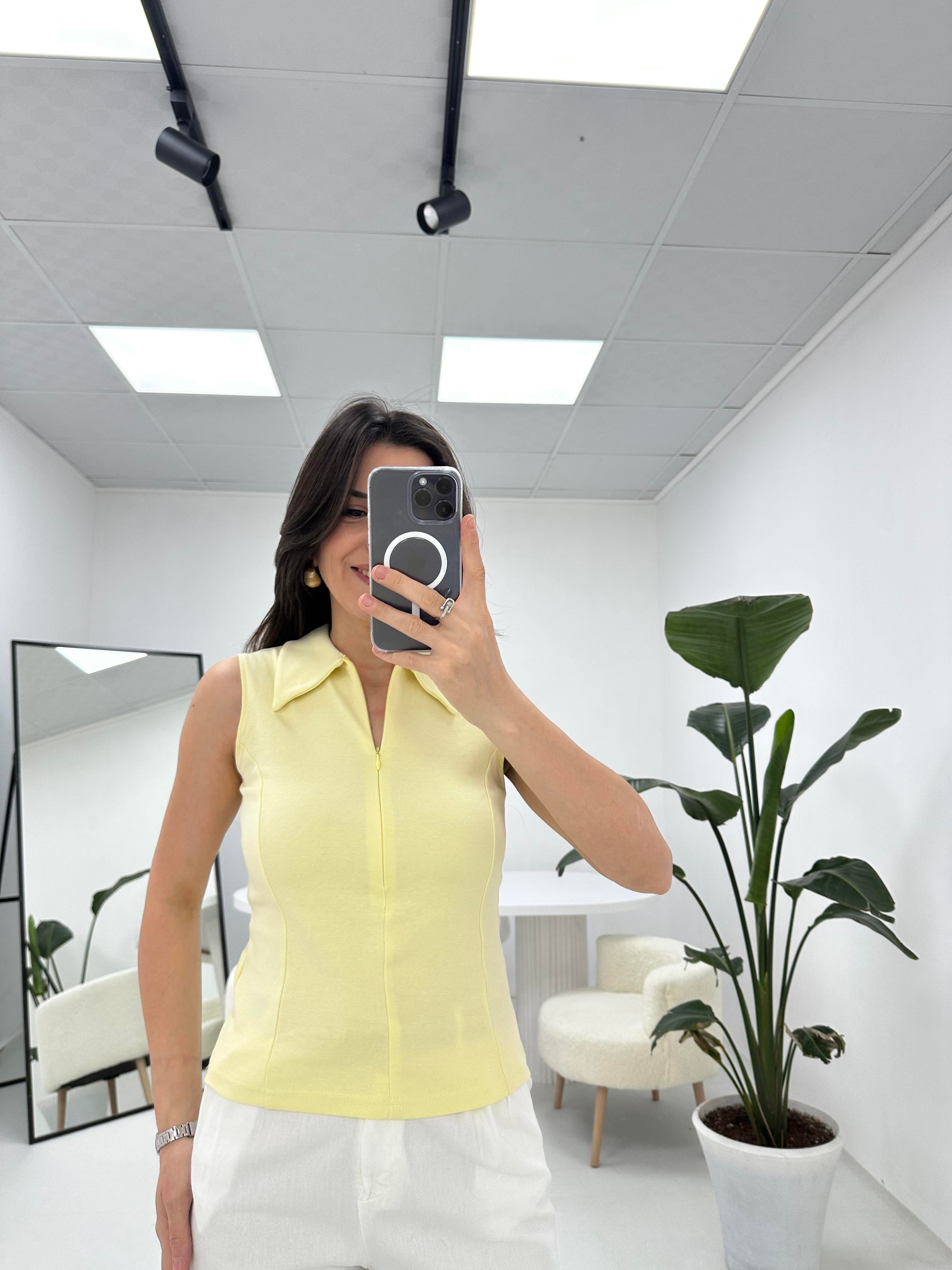 Kolsuz Fermuarlı Sarı Bluz
