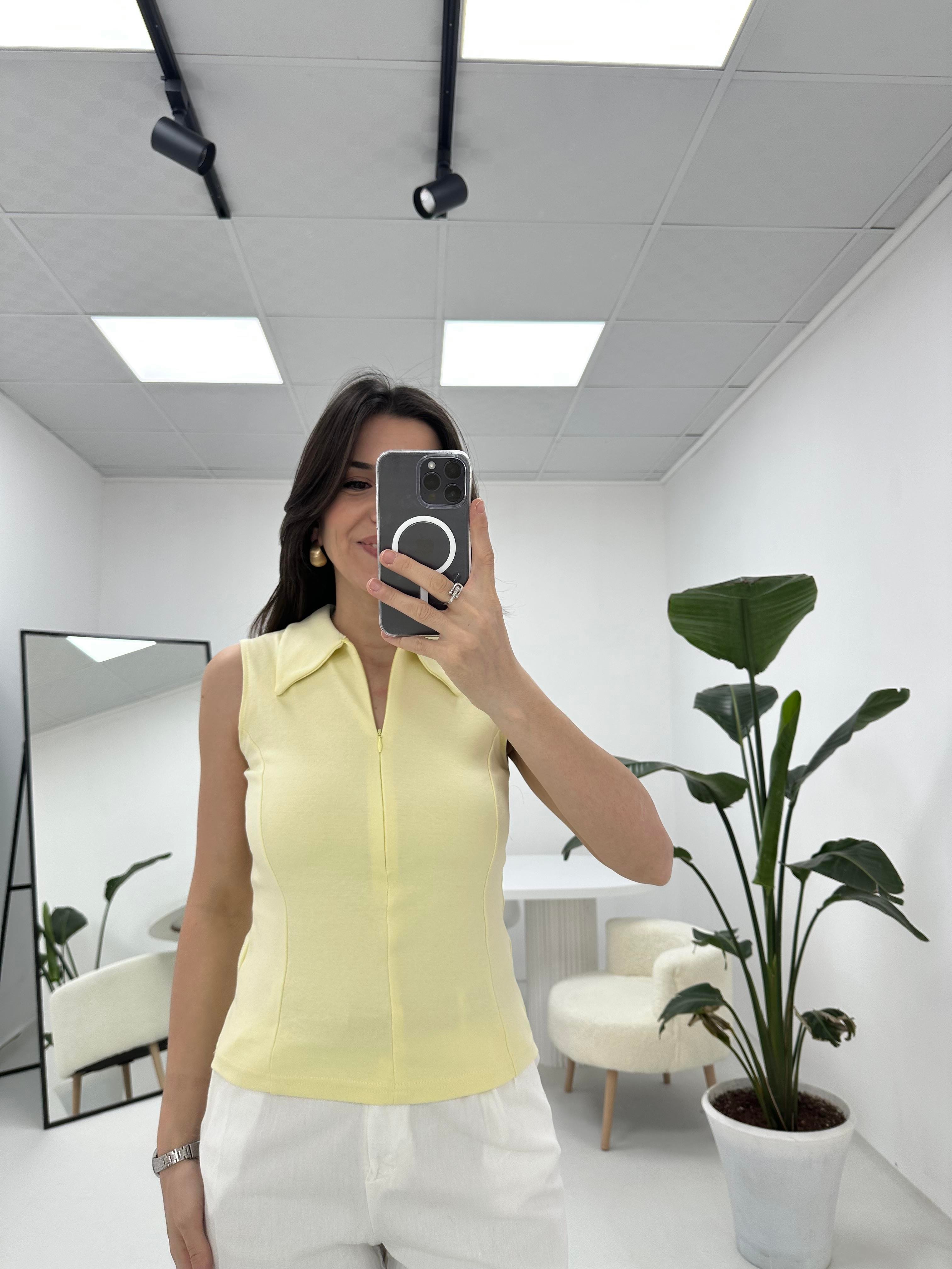 Kolsuz Fermuarlı Sarı Bluz
