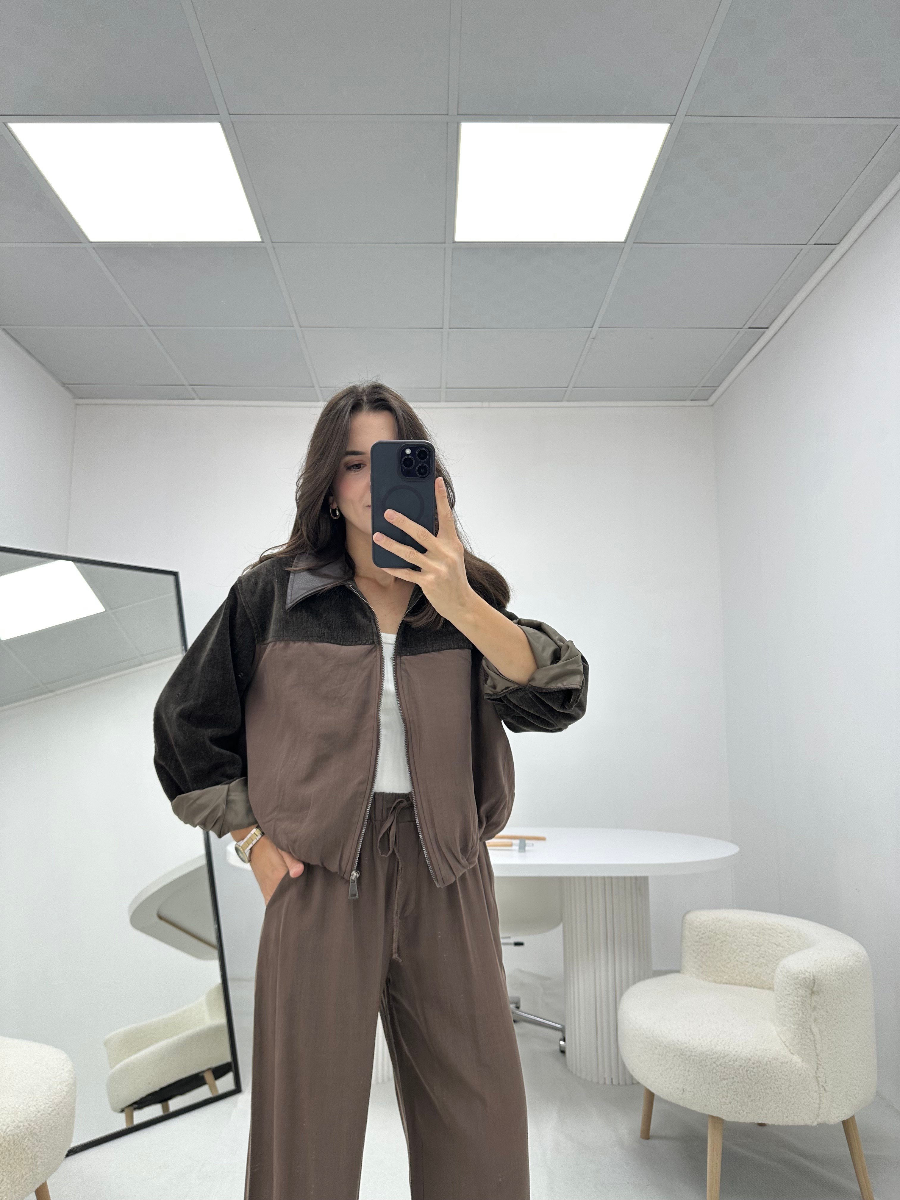 Kontrast Yaka Kahverengi  Bomber Ceket Pantolon Takım 