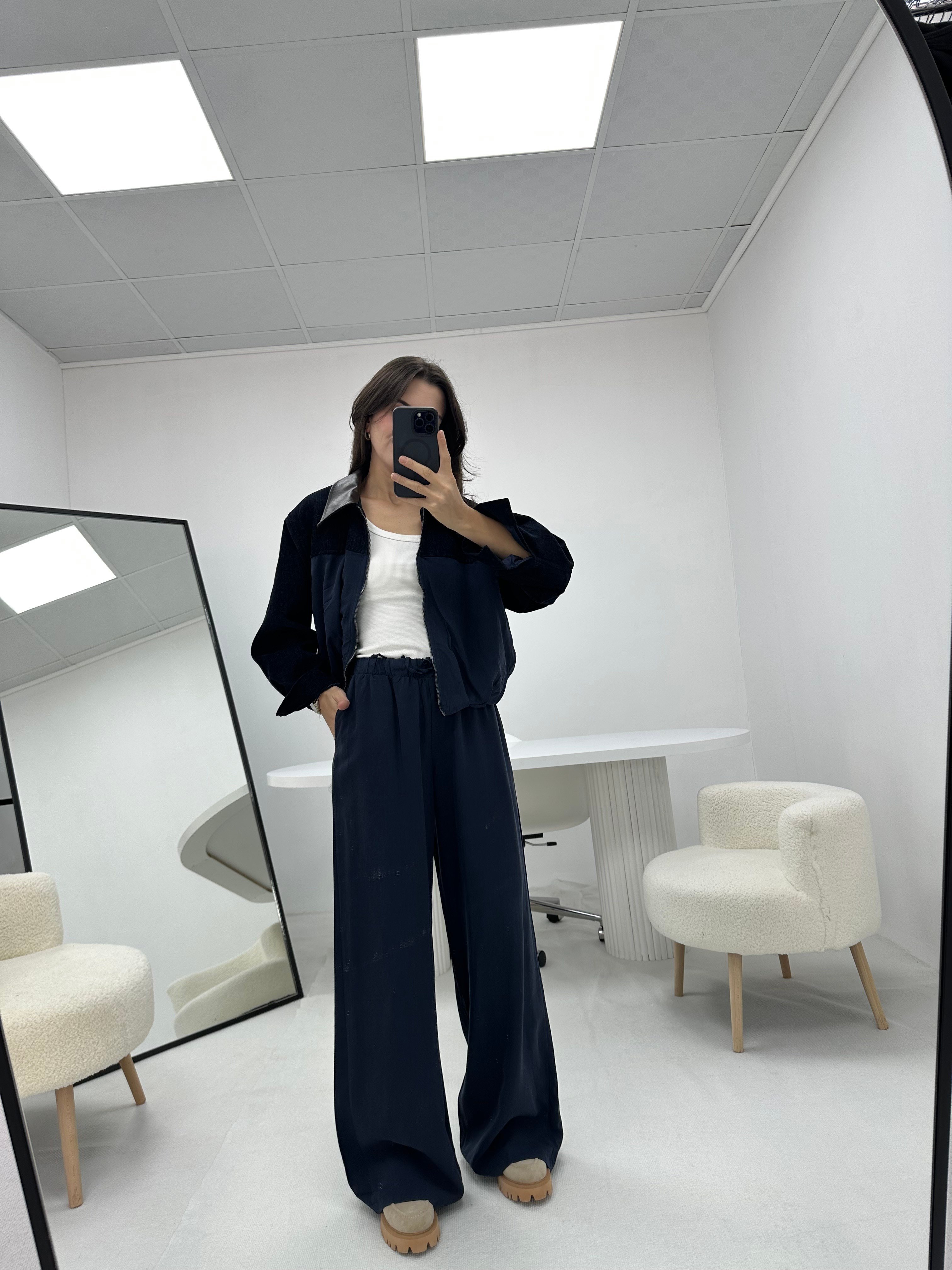 Kontrast Yaka Lacivert  Bomber Ceket Pantolon Takım 