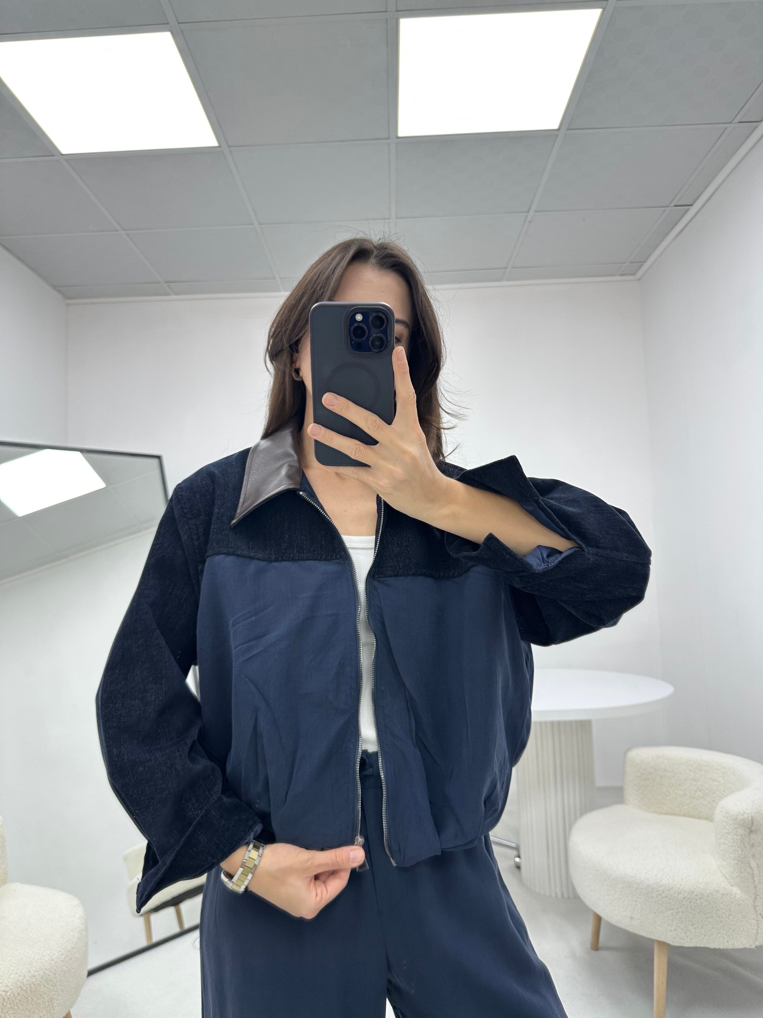Kontrast Yaka Lacivert  Bomber Ceket Pantolon Takım 