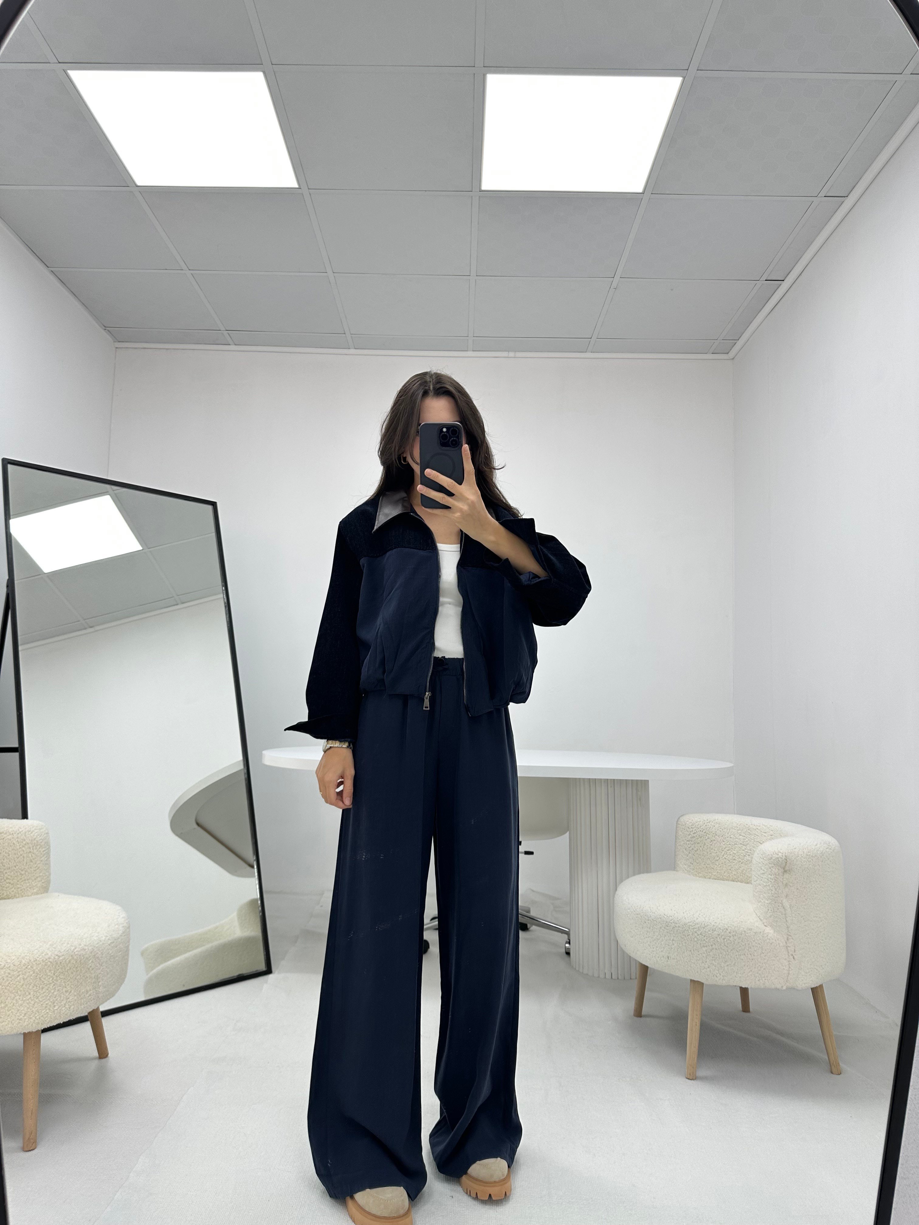 Kontrast Yaka Lacivert  Bomber Ceket Pantolon Takım 