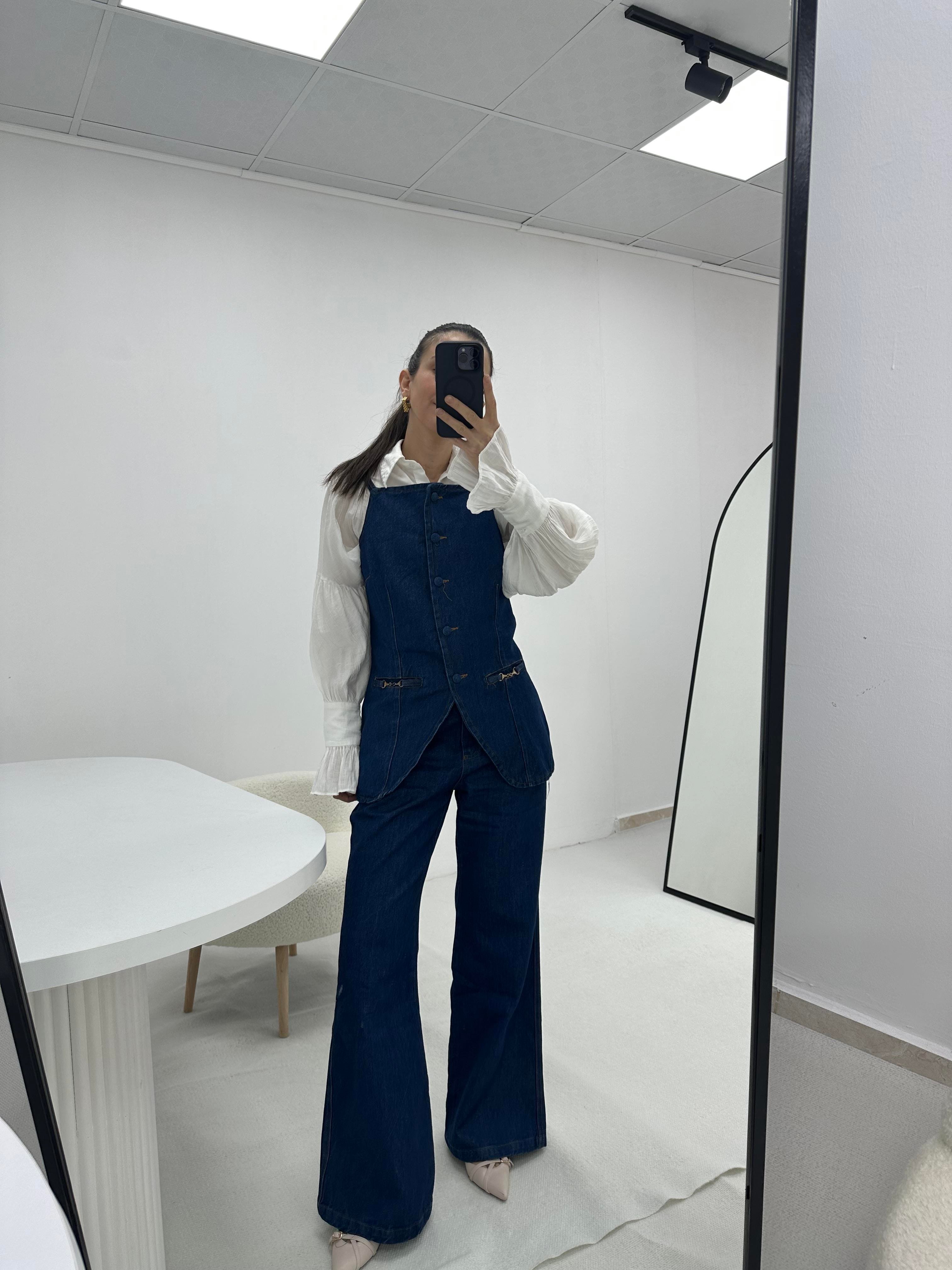 Kot Denim Mavi Yelek Pantolon Takım 