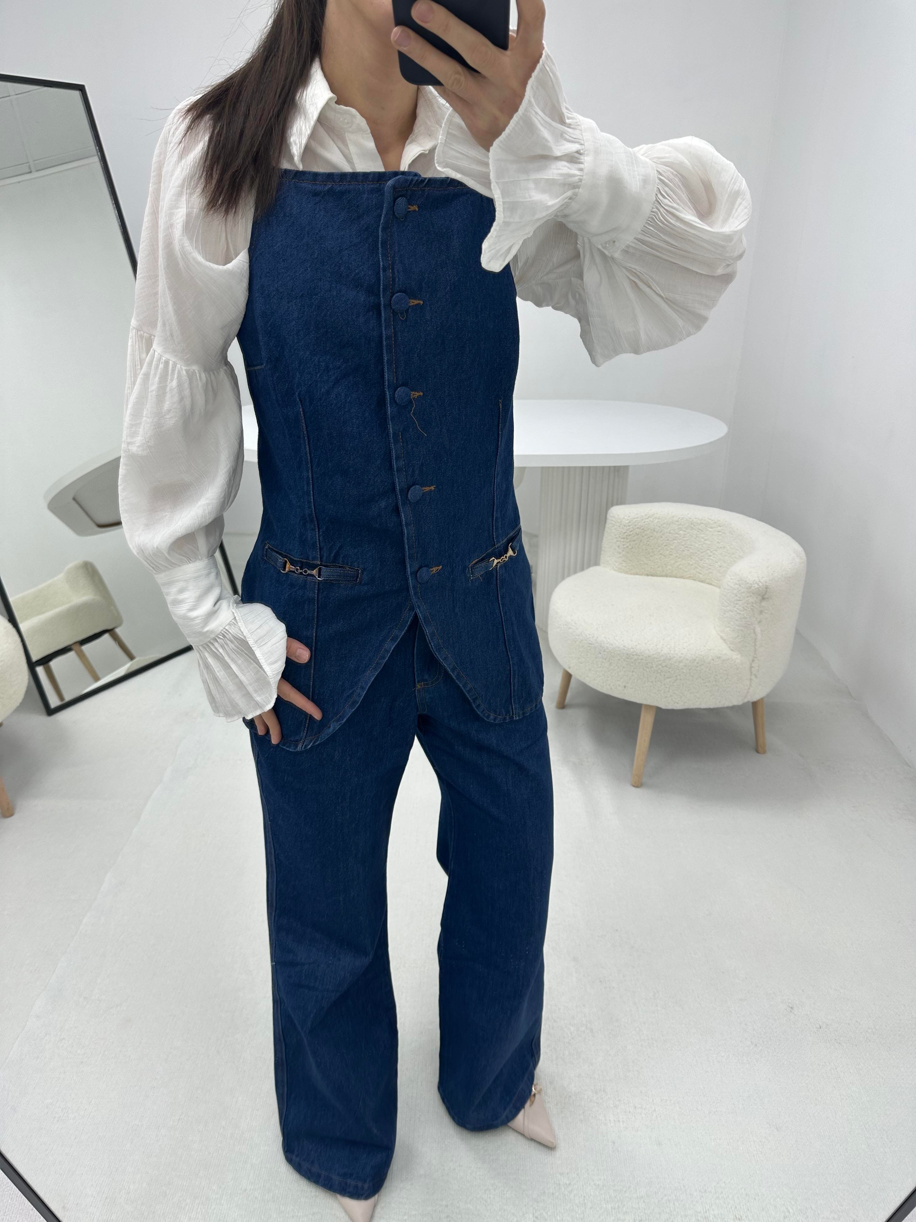 Kot Denim Mavi Yelek Pantolon Takım 