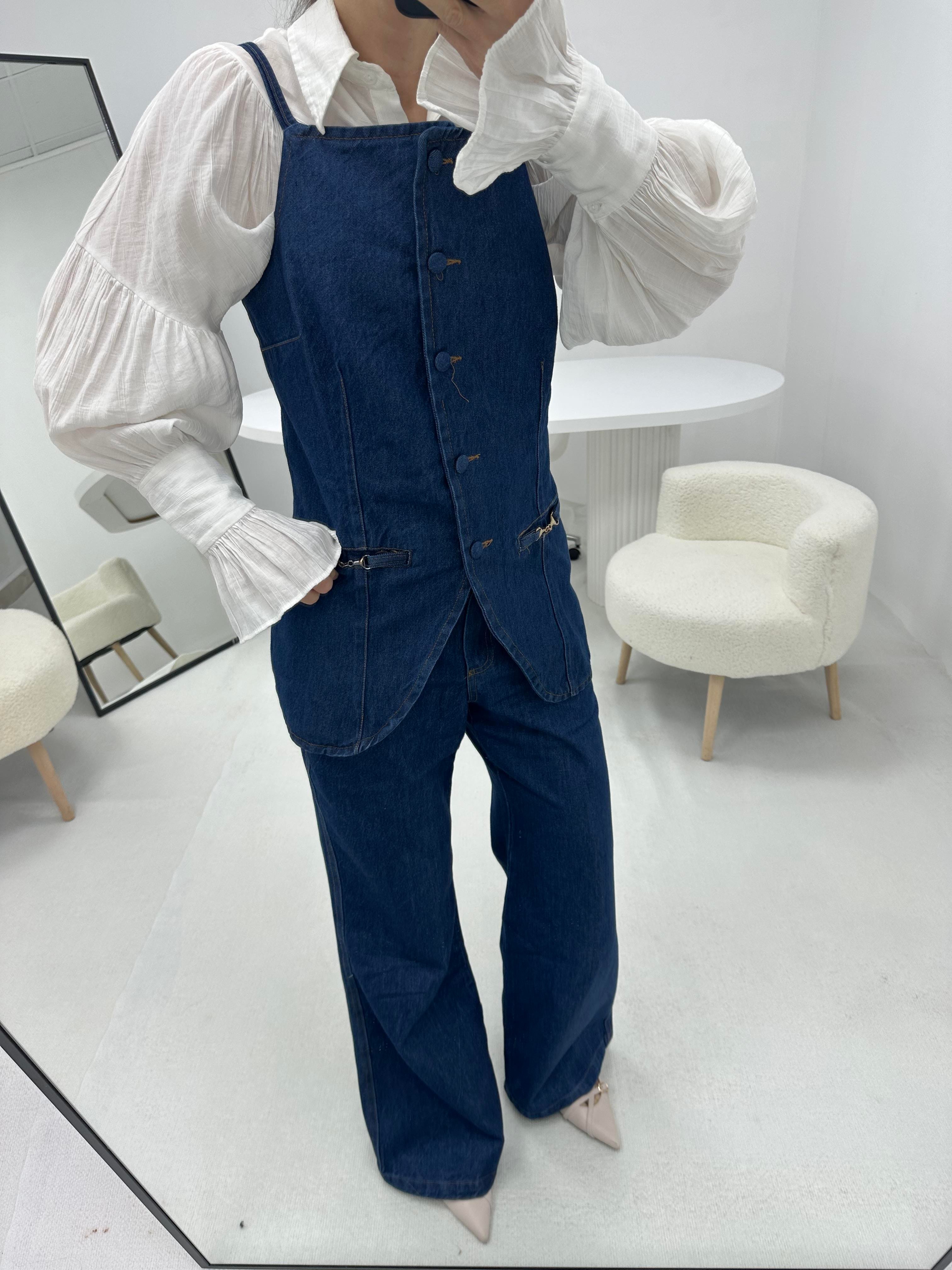 Kot Denim Mavi Yelek Pantolon Takım 