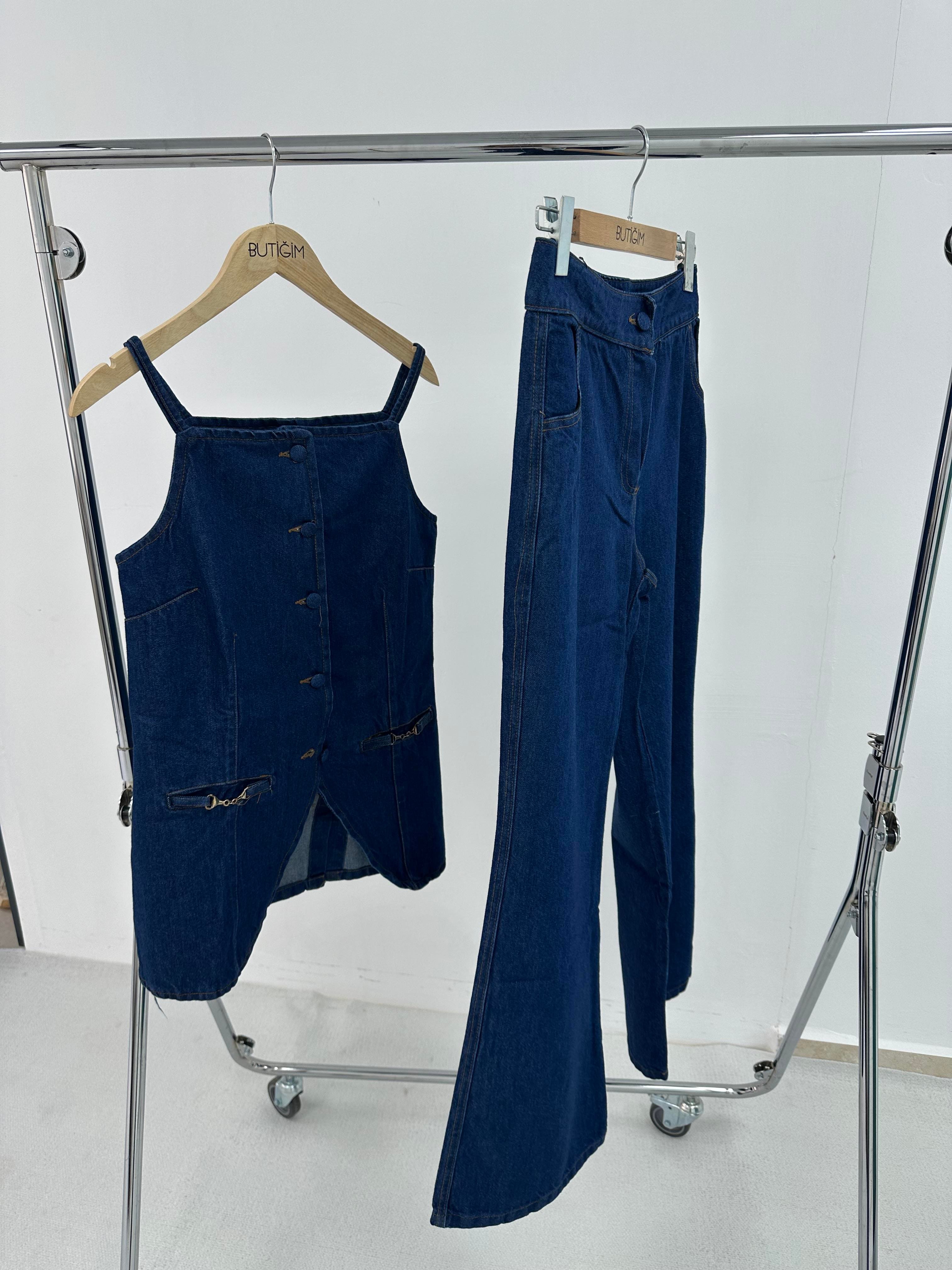 Kot Denim Mavi Yelek Pantolon Takım 