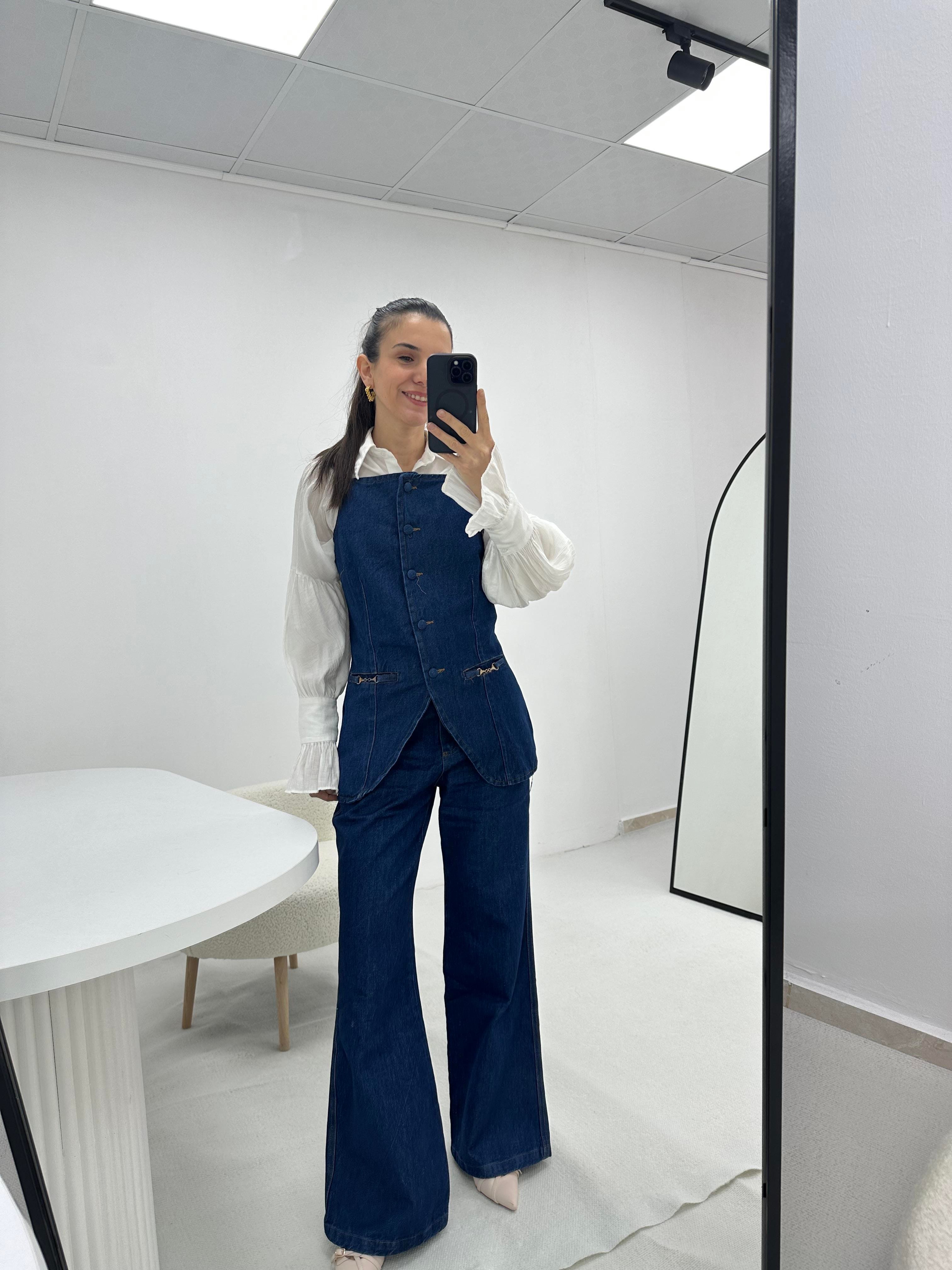 Kot Denim Mavi Yelek Pantolon Takım 