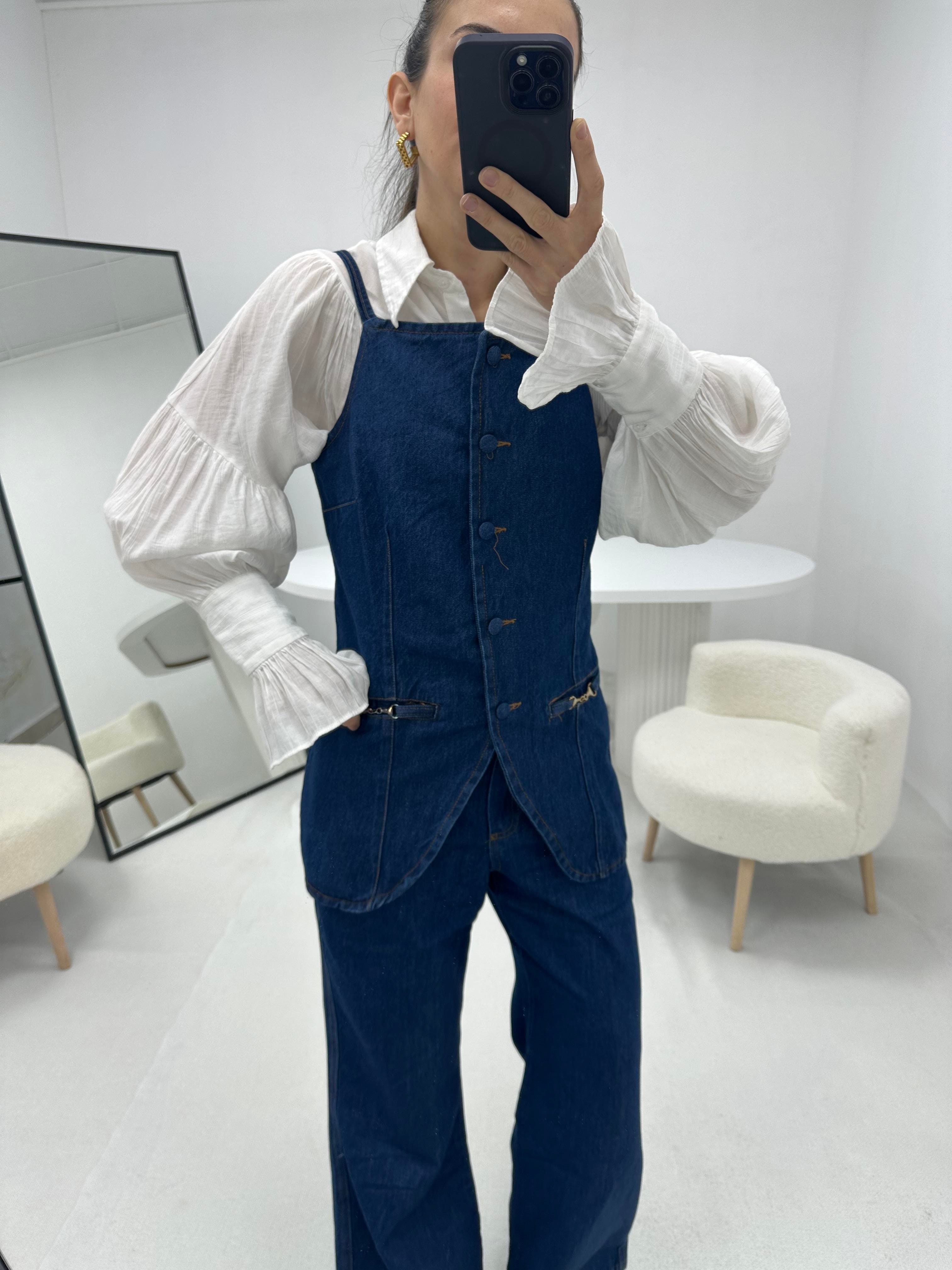 Kot Denim Mavi Yelek Pantolon Takım 