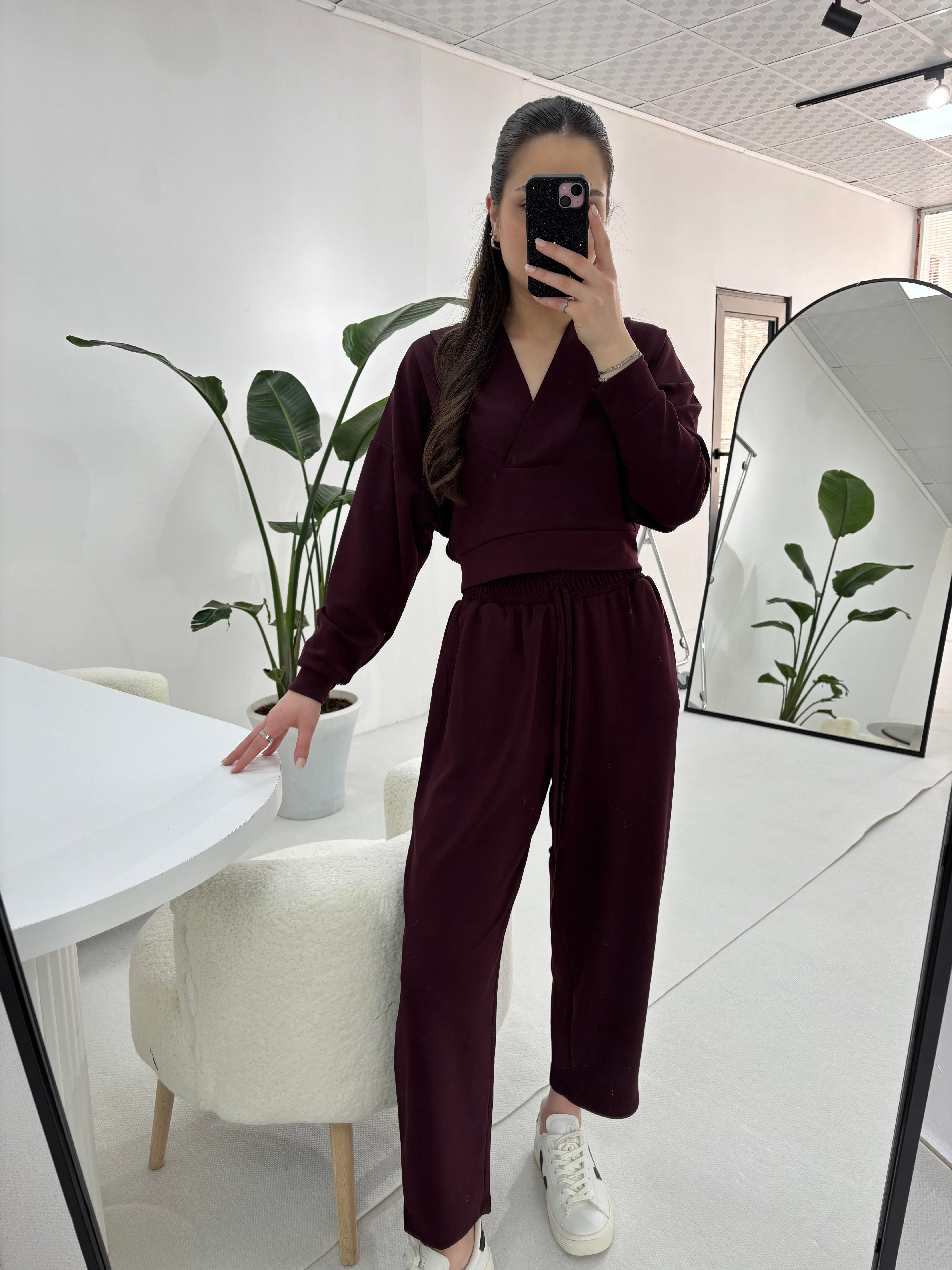 Kruvaze Yaka Modal Kumaş Bordo Takım