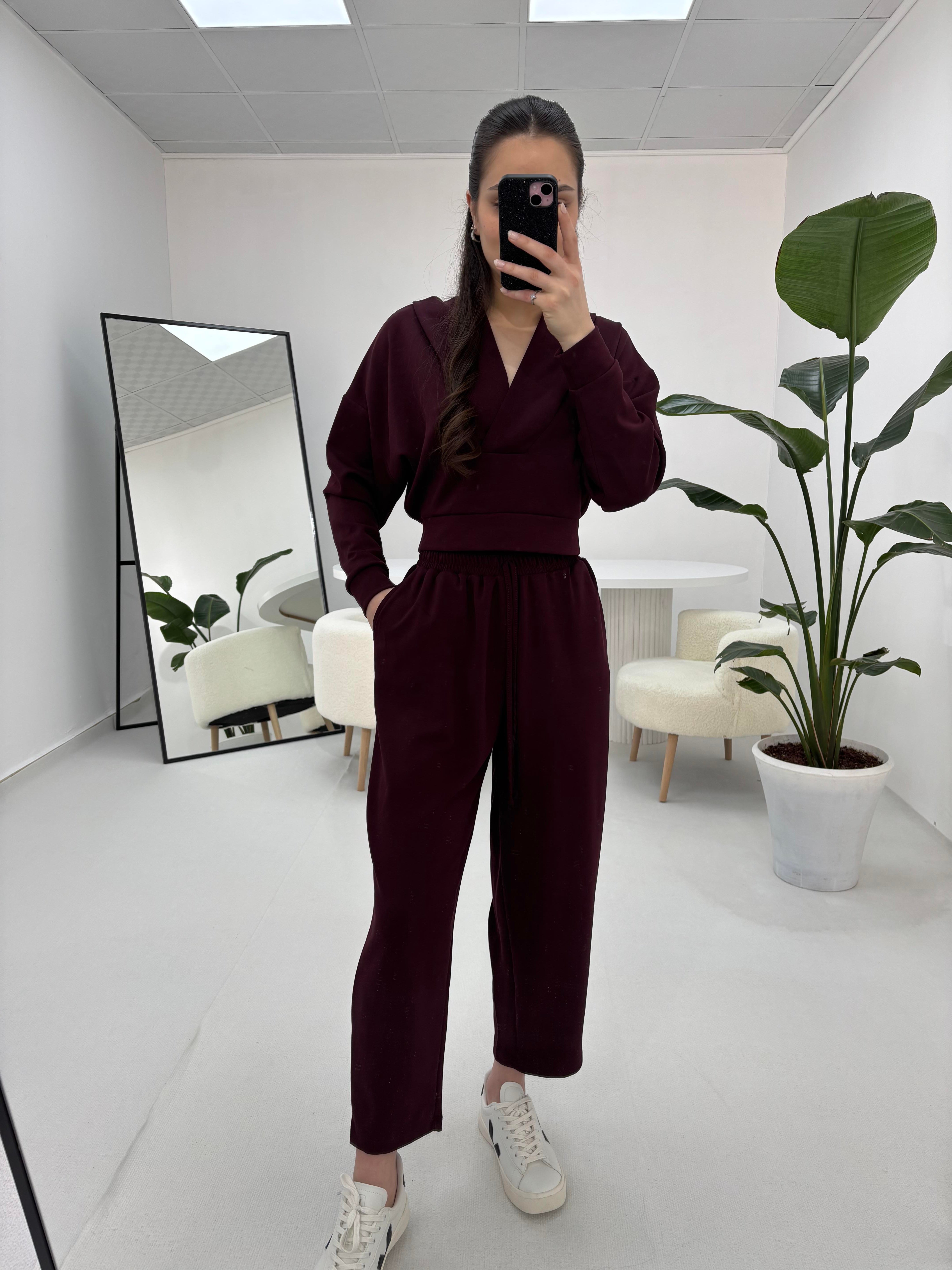 Kruvaze Yaka Modal Kumaş Bordo Takım