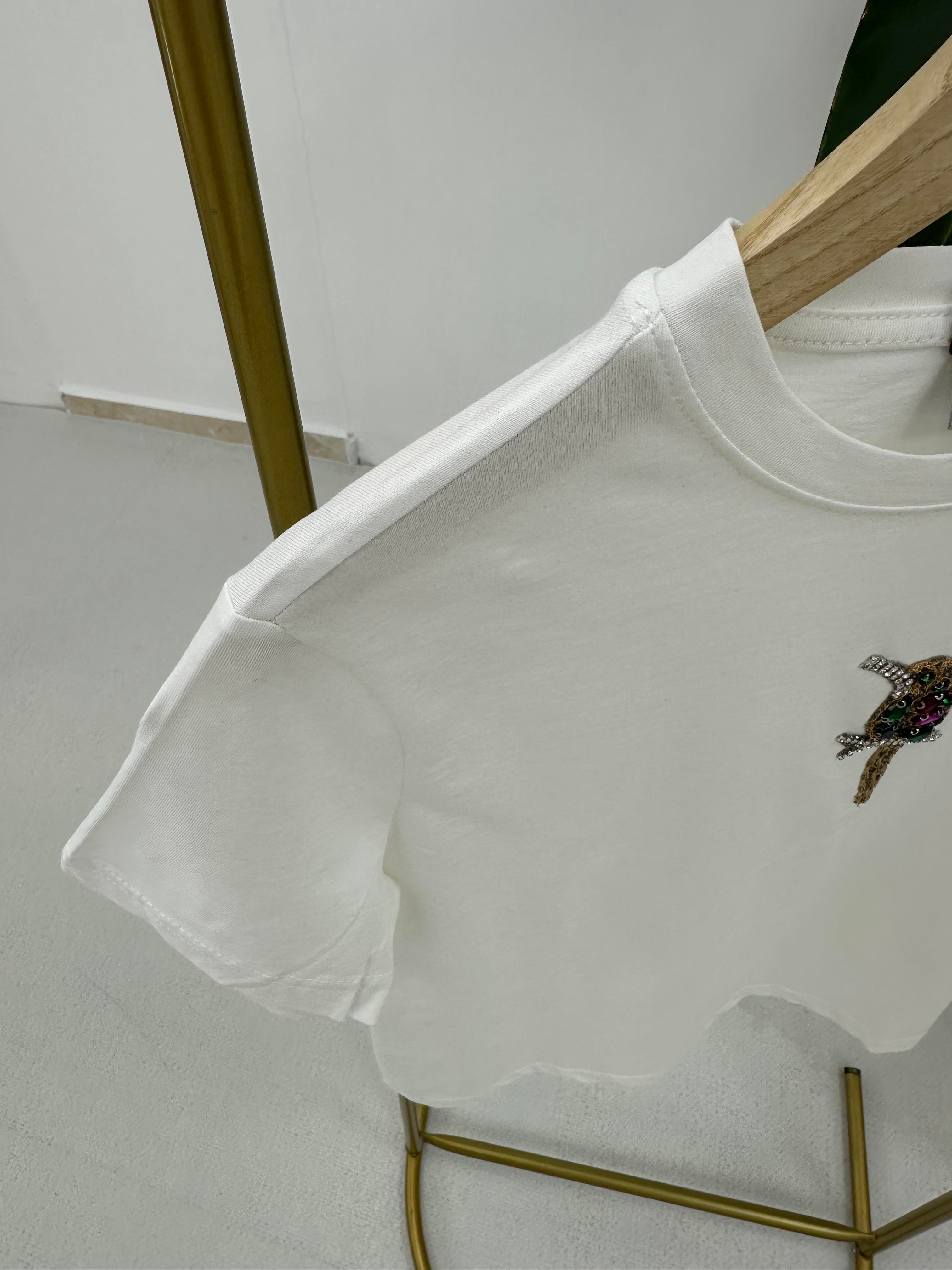 Kuş İşlemi T-shirt Beyaz