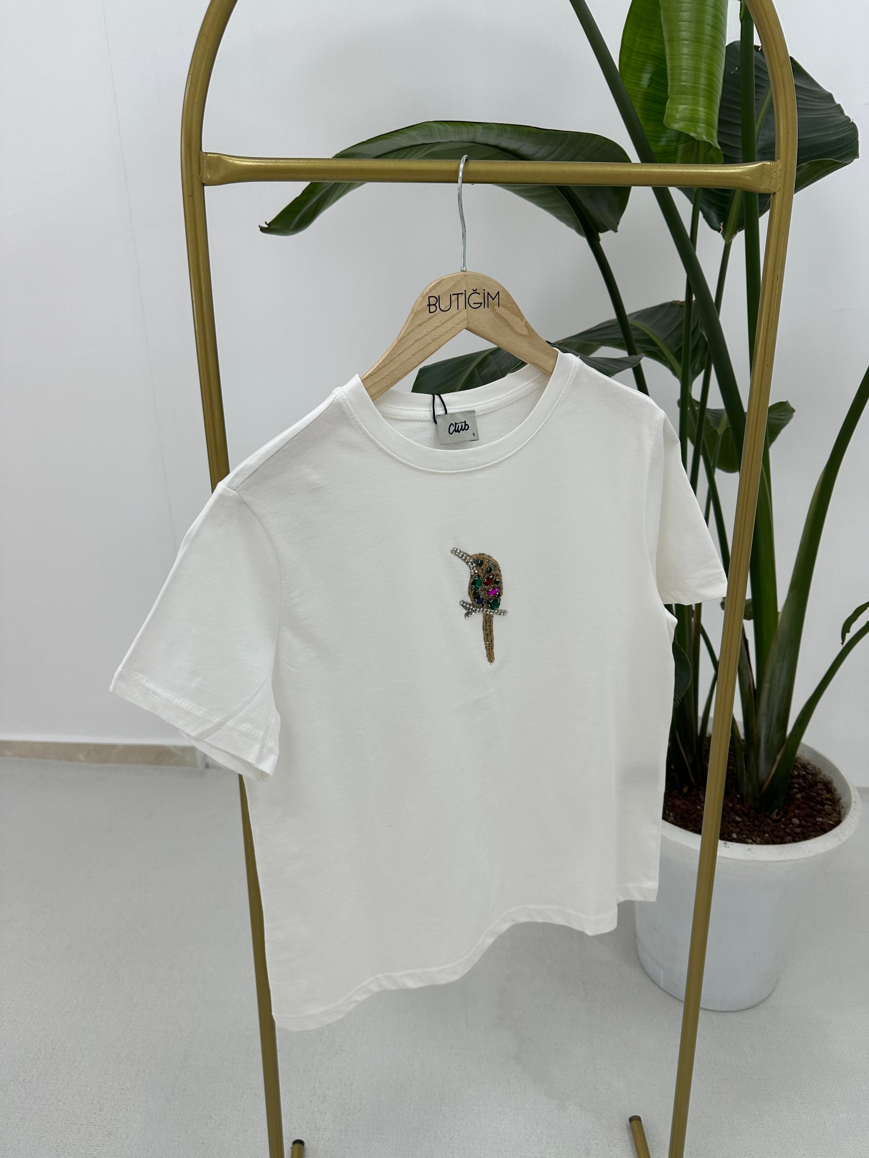 Kuş İşlemi T-shirt Beyaz