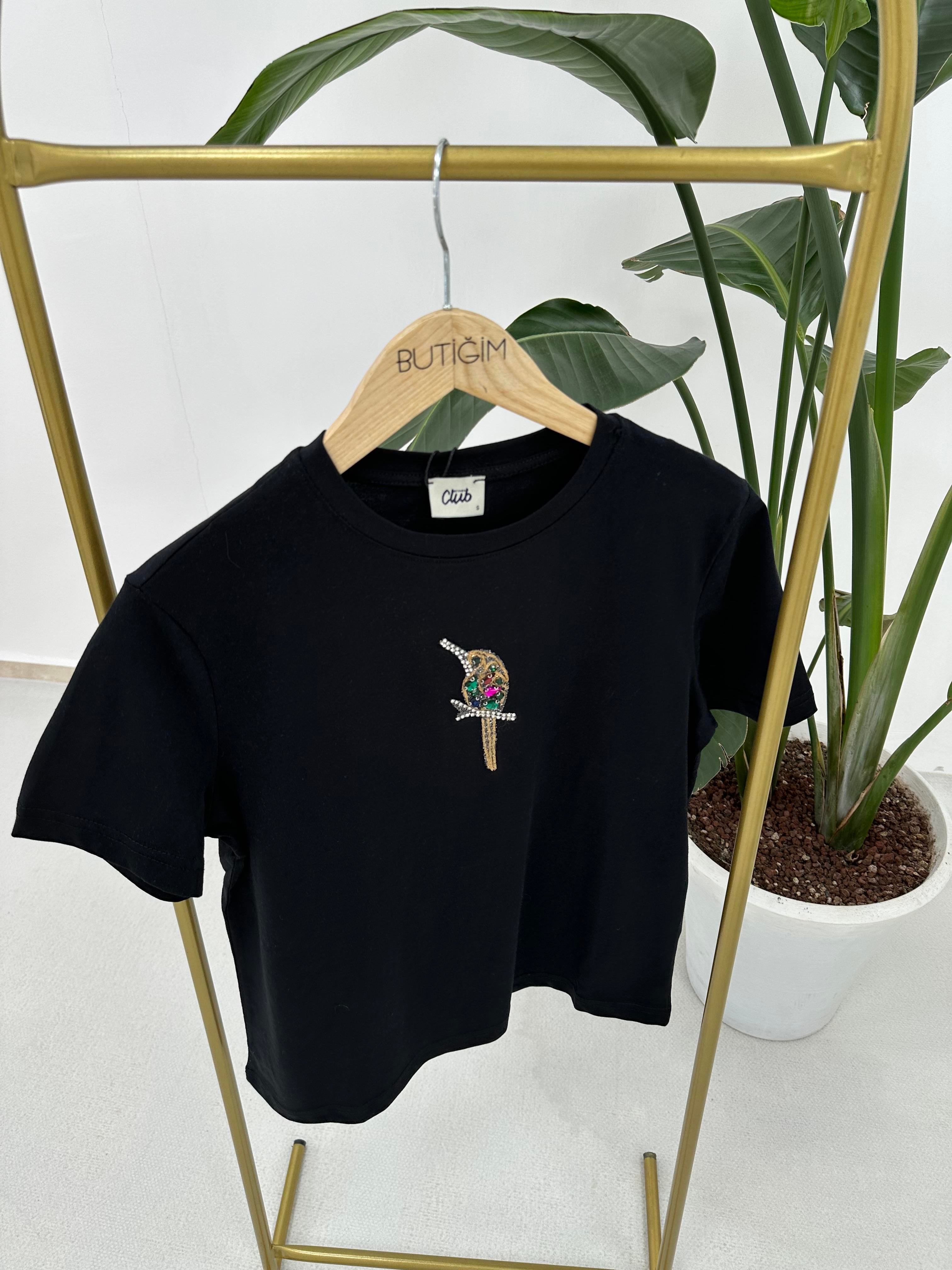 Kuş İşlemi T-shirt Siyah