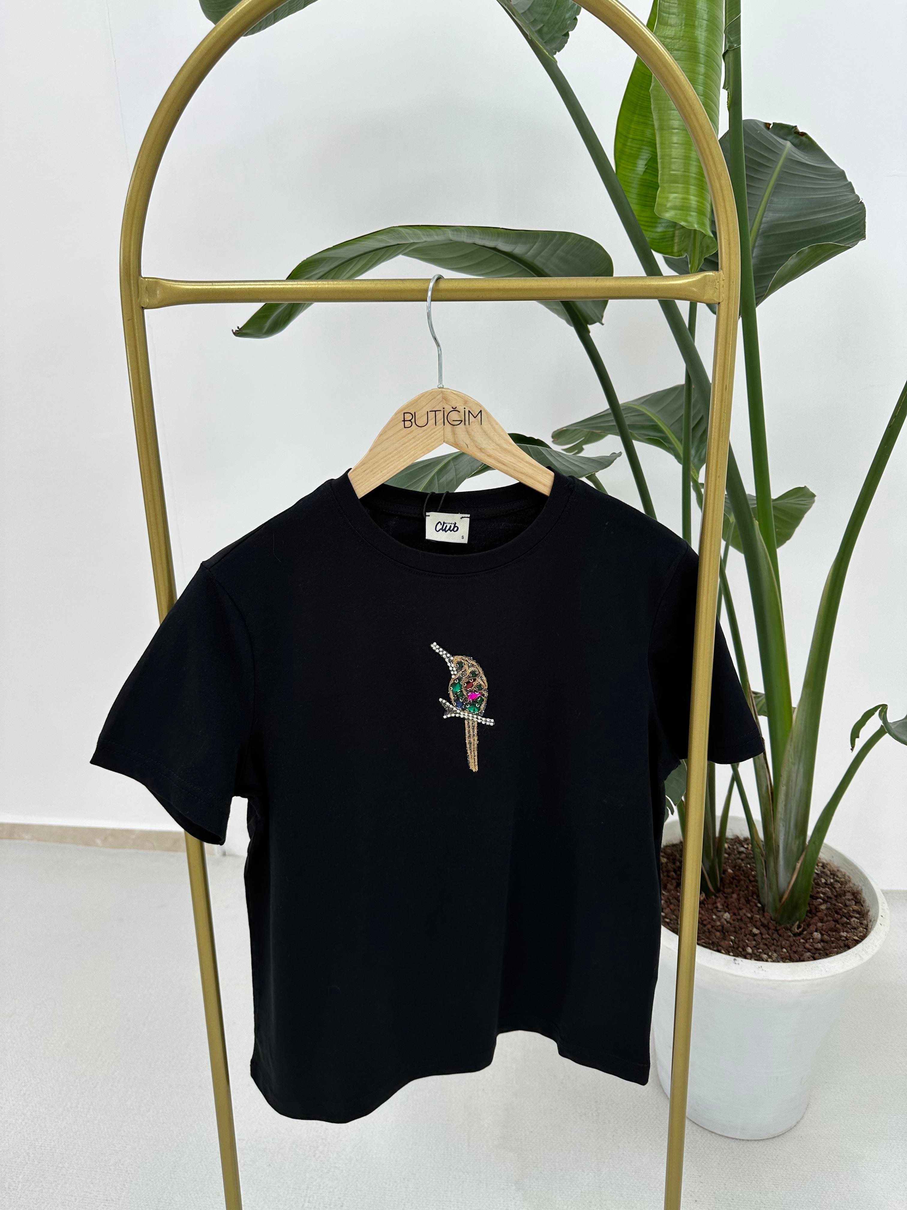 Kuş İşlemi T-shirt Siyah