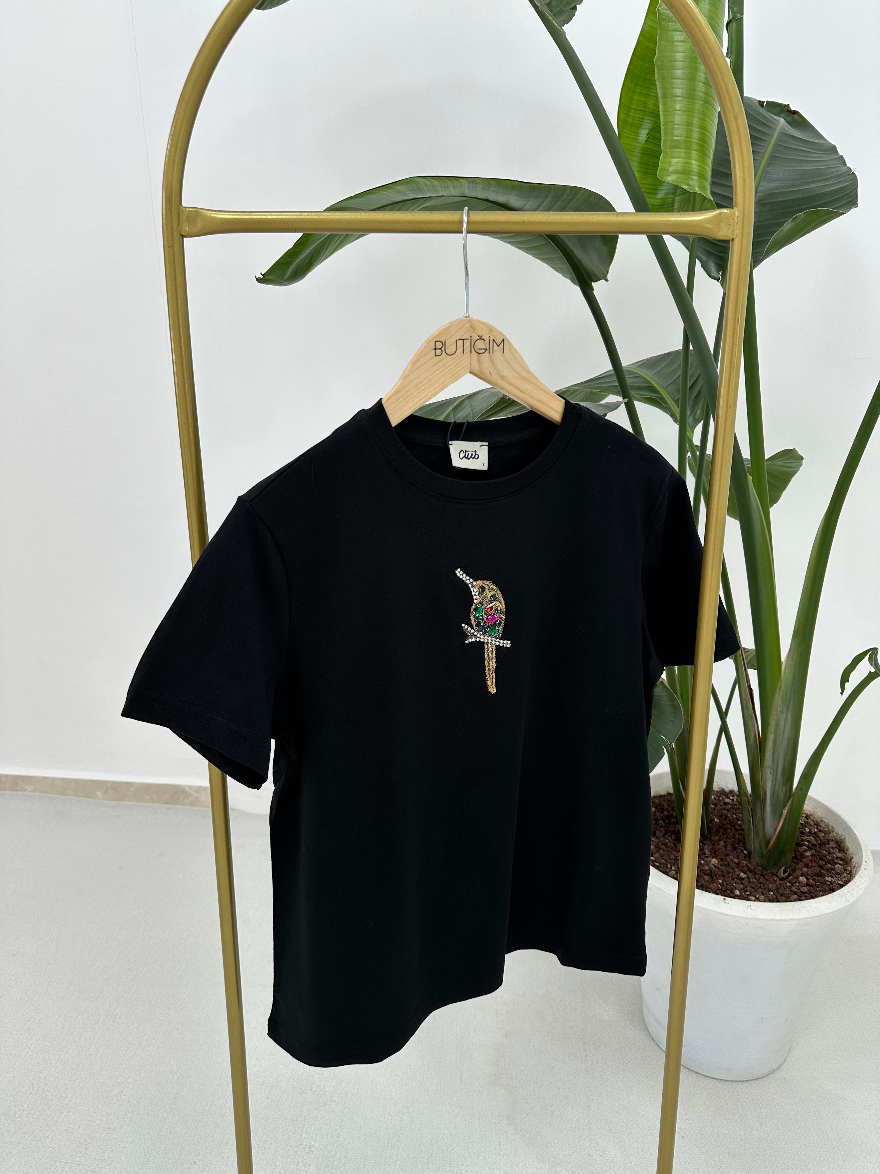 Kuş İşlemi T-shirt Siyah