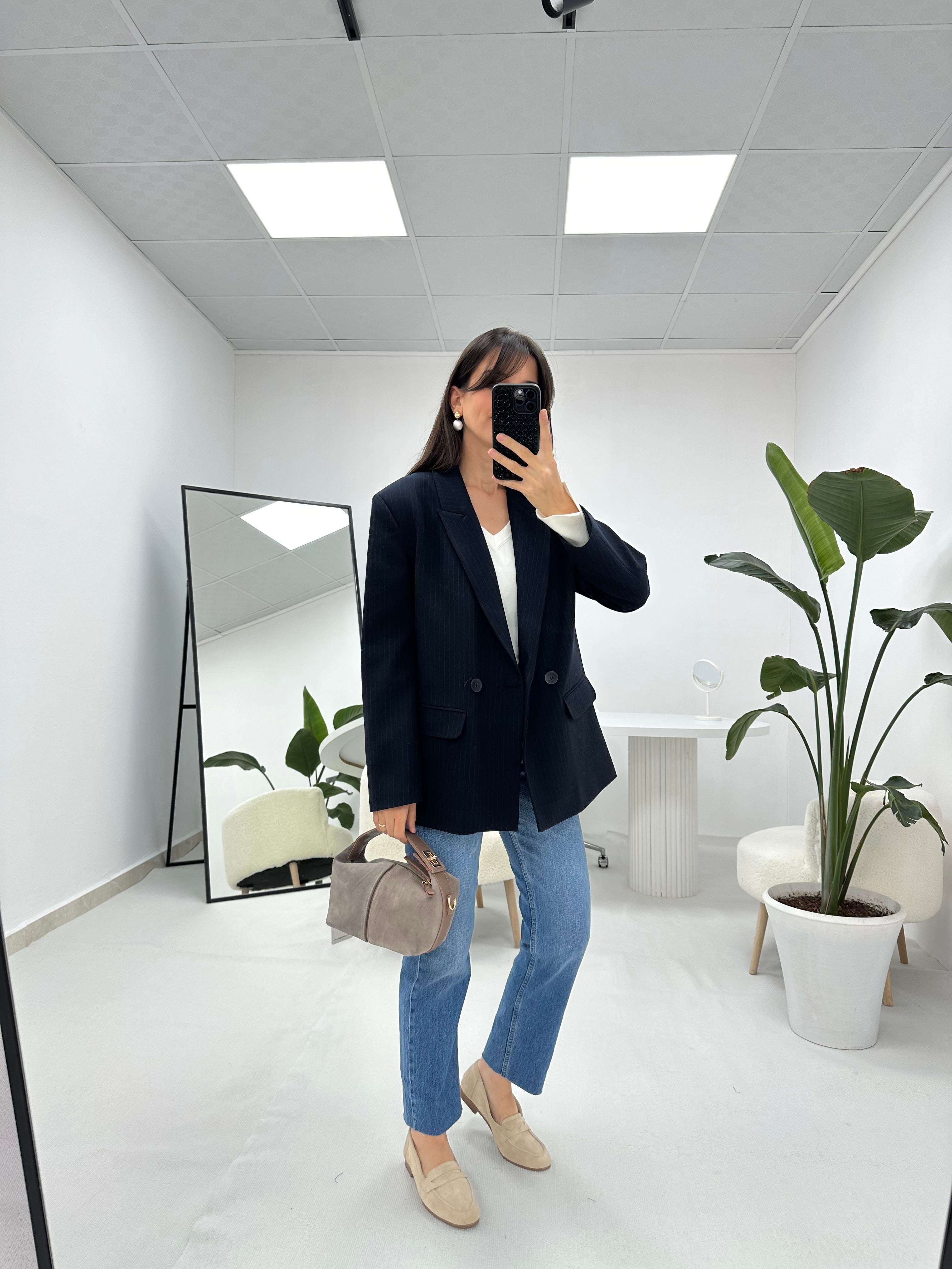 Lacivert Çizgili Blazer Ceket 