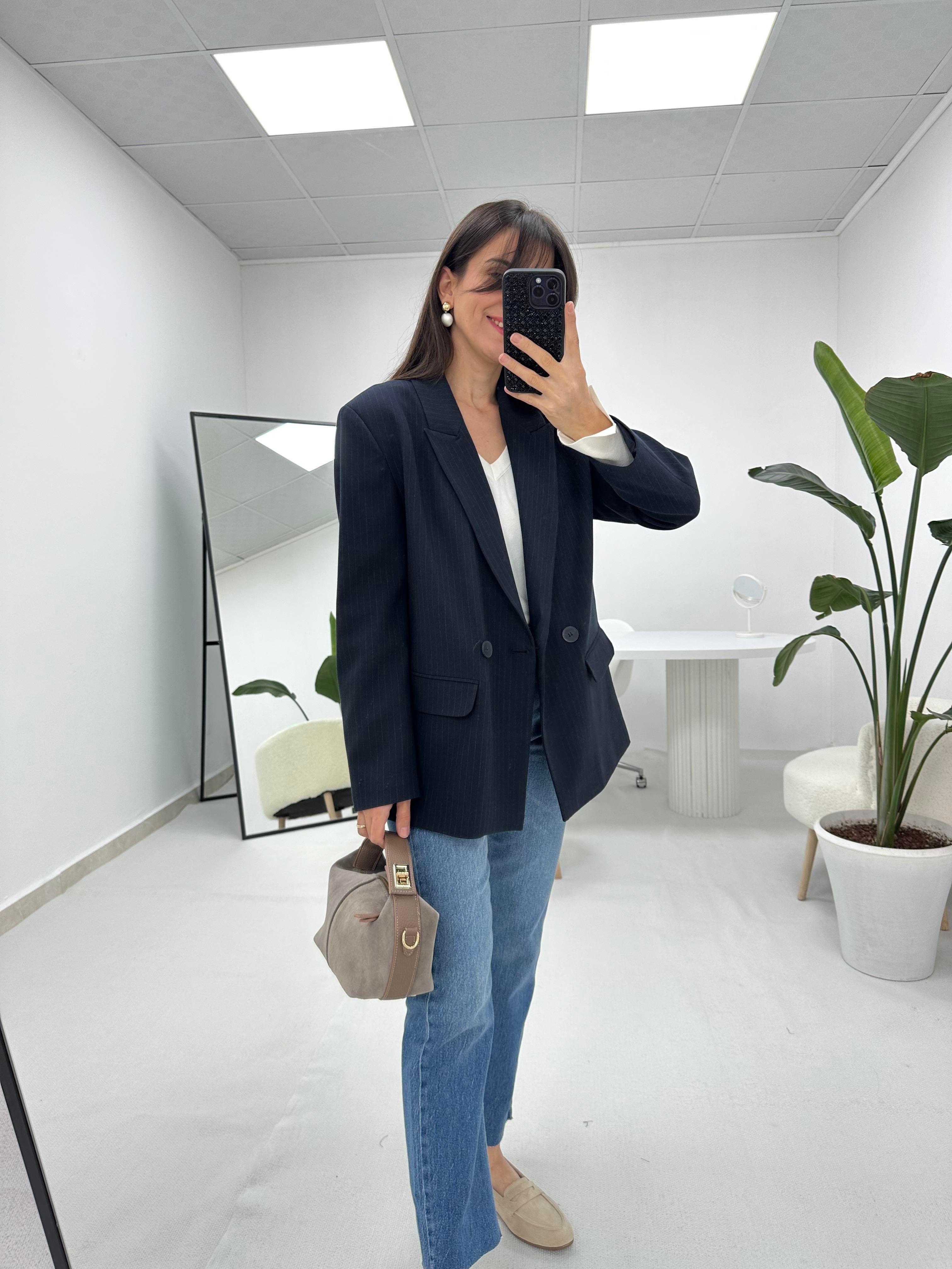 Lacivert Çizgili Blazer Ceket 