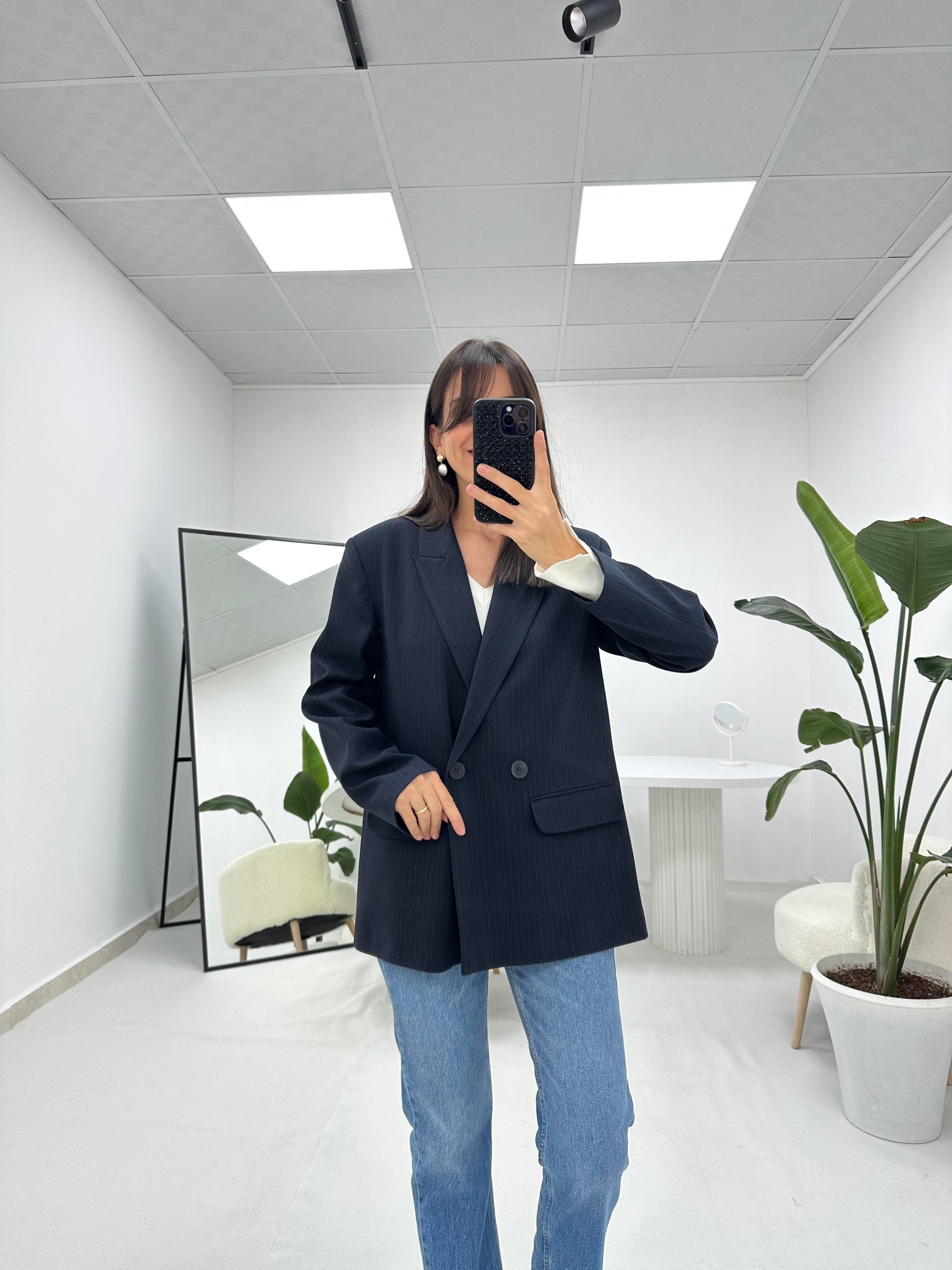 Lacivert Çizgili Blazer Ceket 