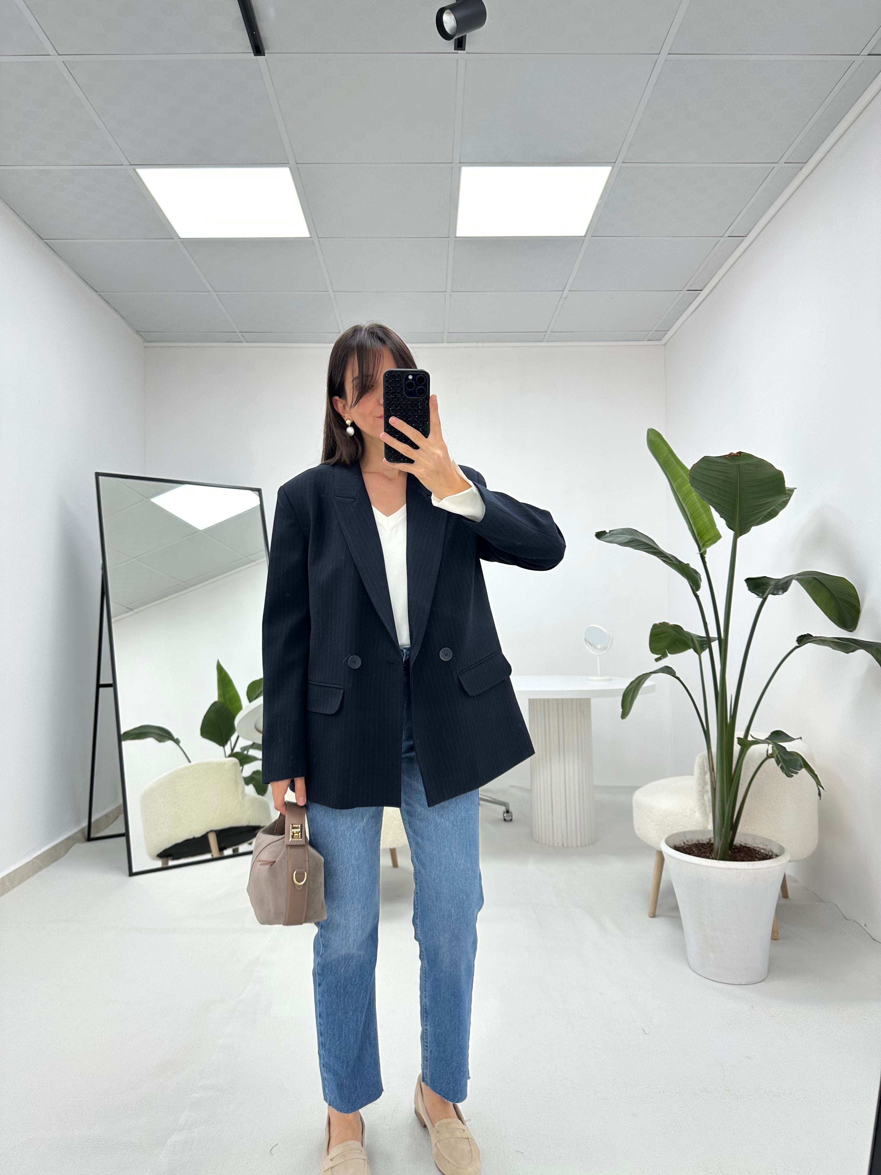 Lacivert Çizgili Blazer Ceket 