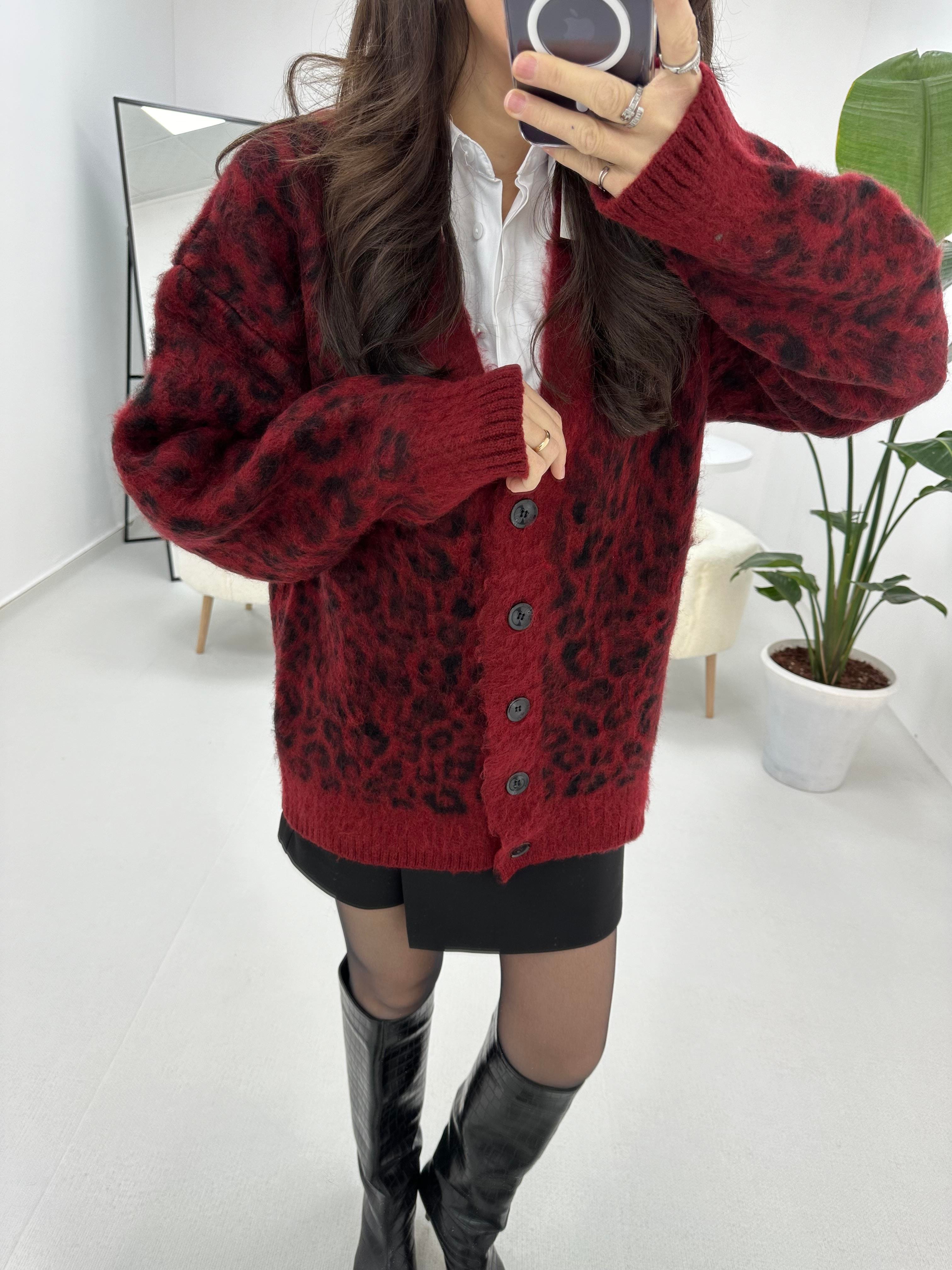 Leopar Desenli Bordo Hırka 