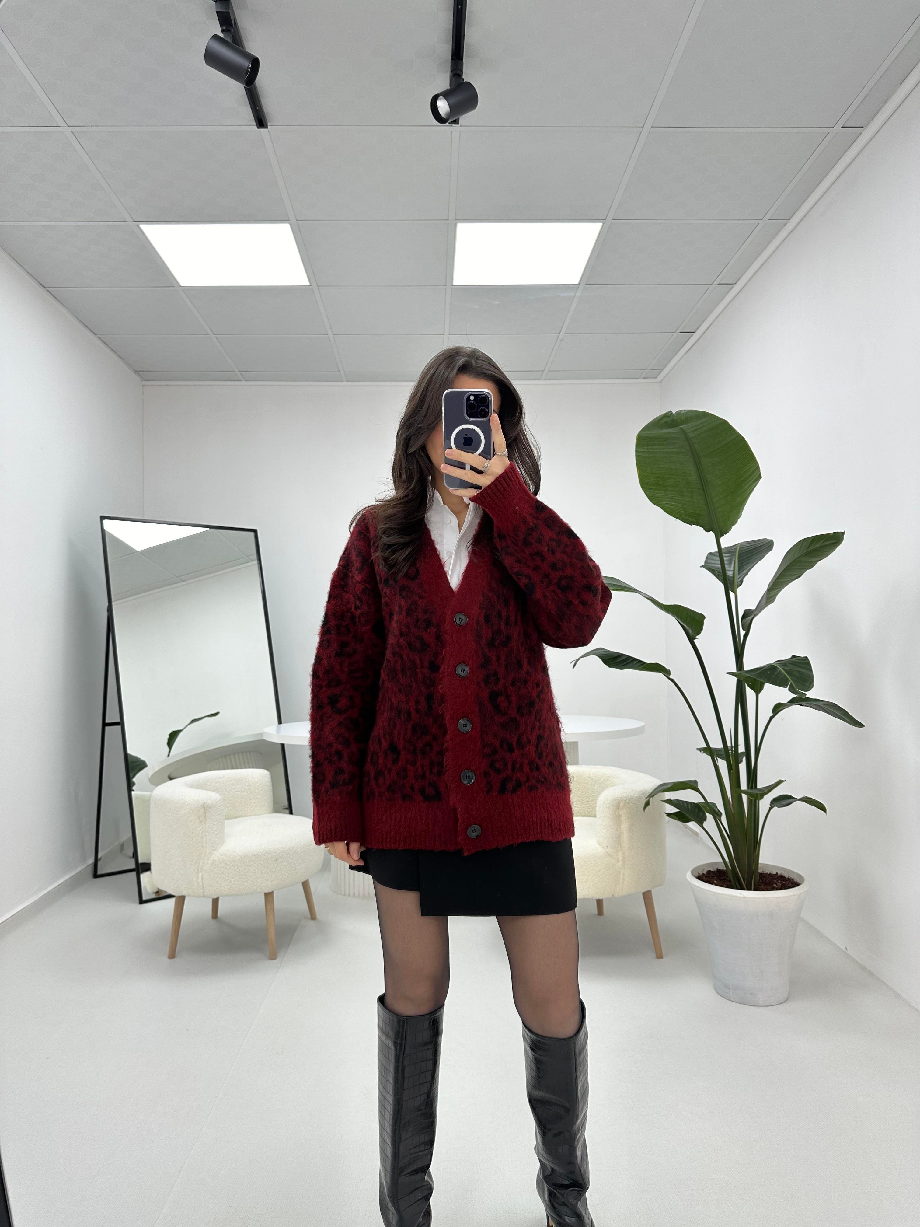 Leopar Desenli Bordo Hırka 