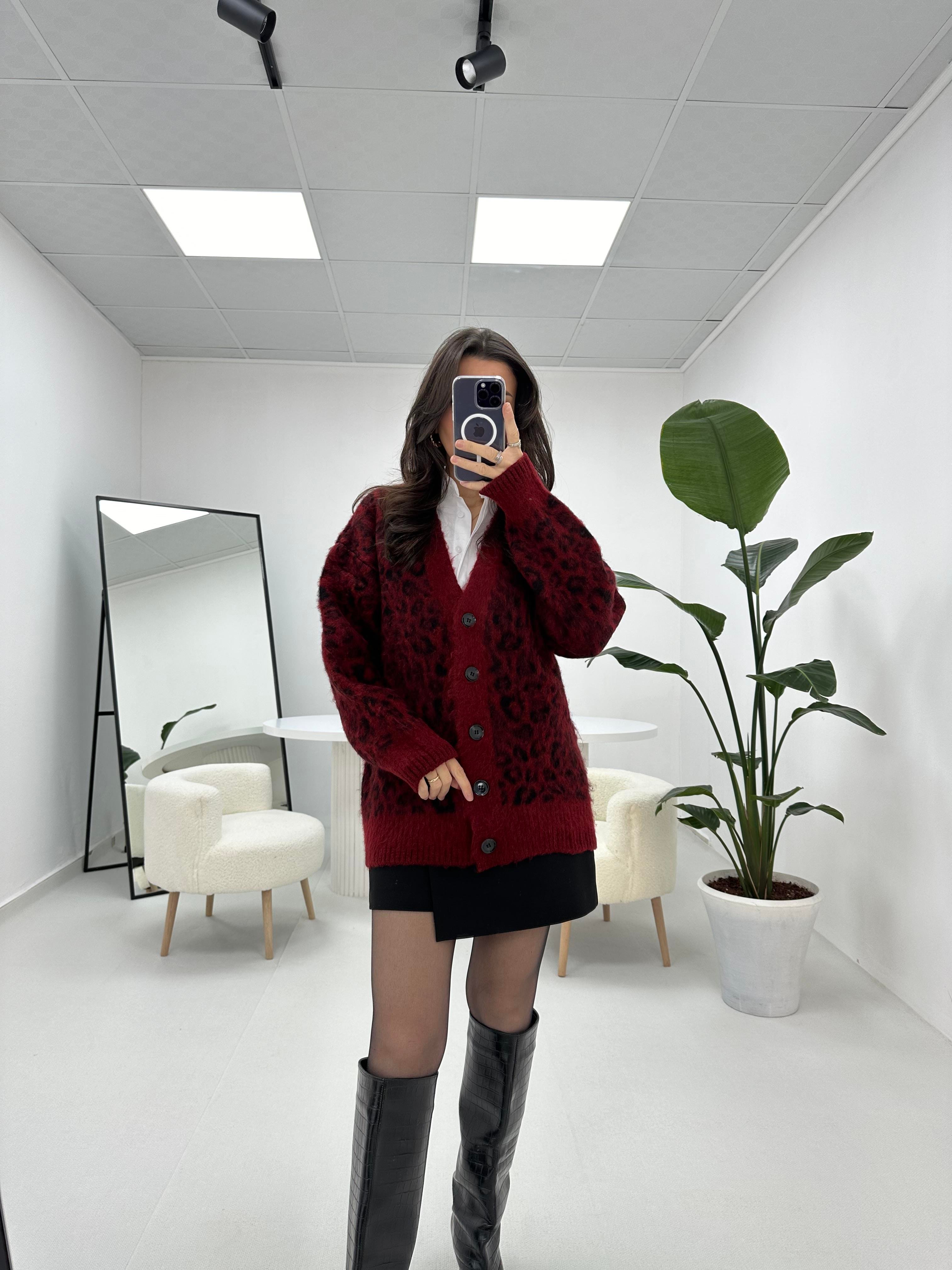 Leopar Desenli Bordo Hırka 