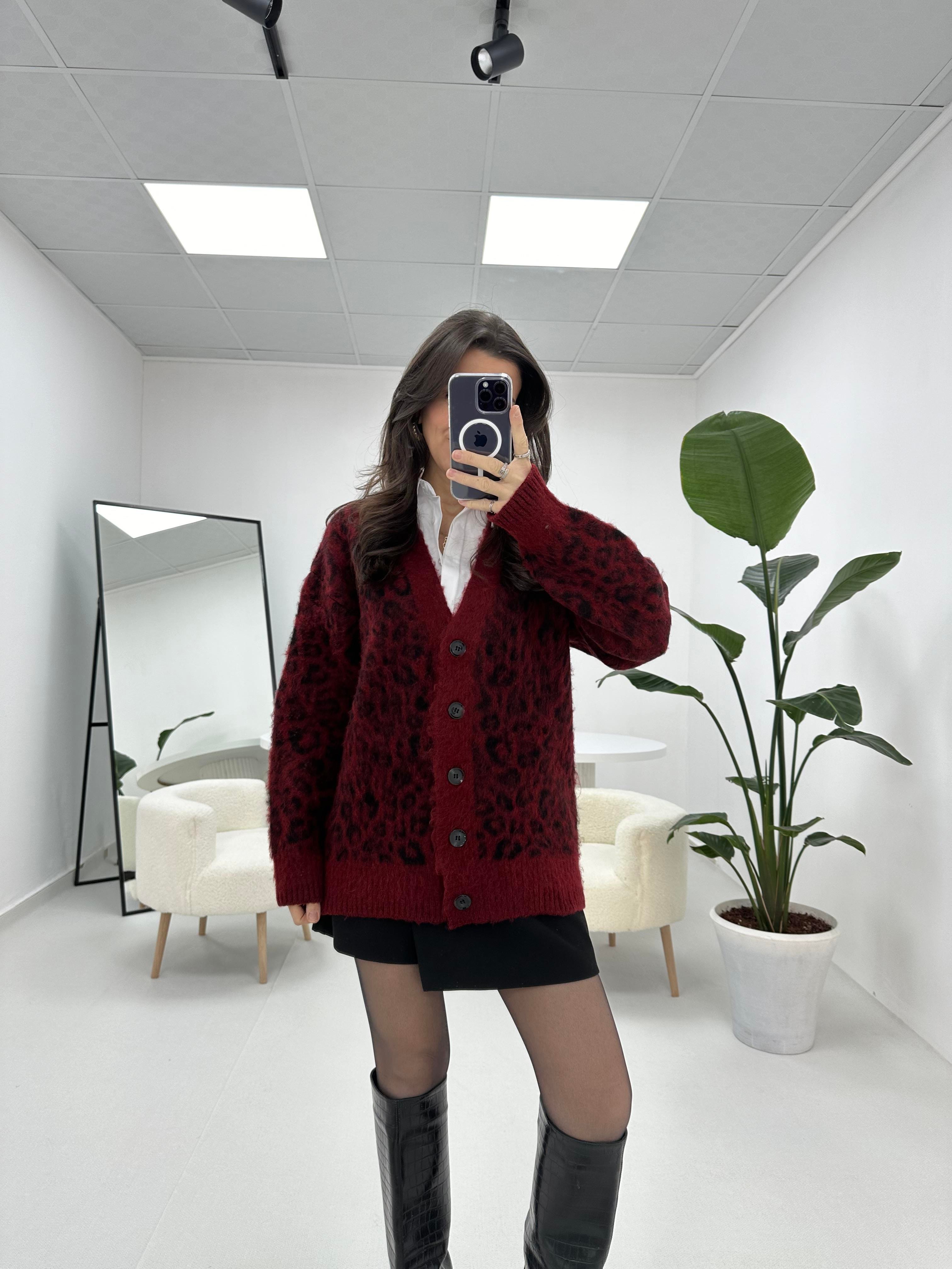 Leopar Desenli Bordo Hırka 