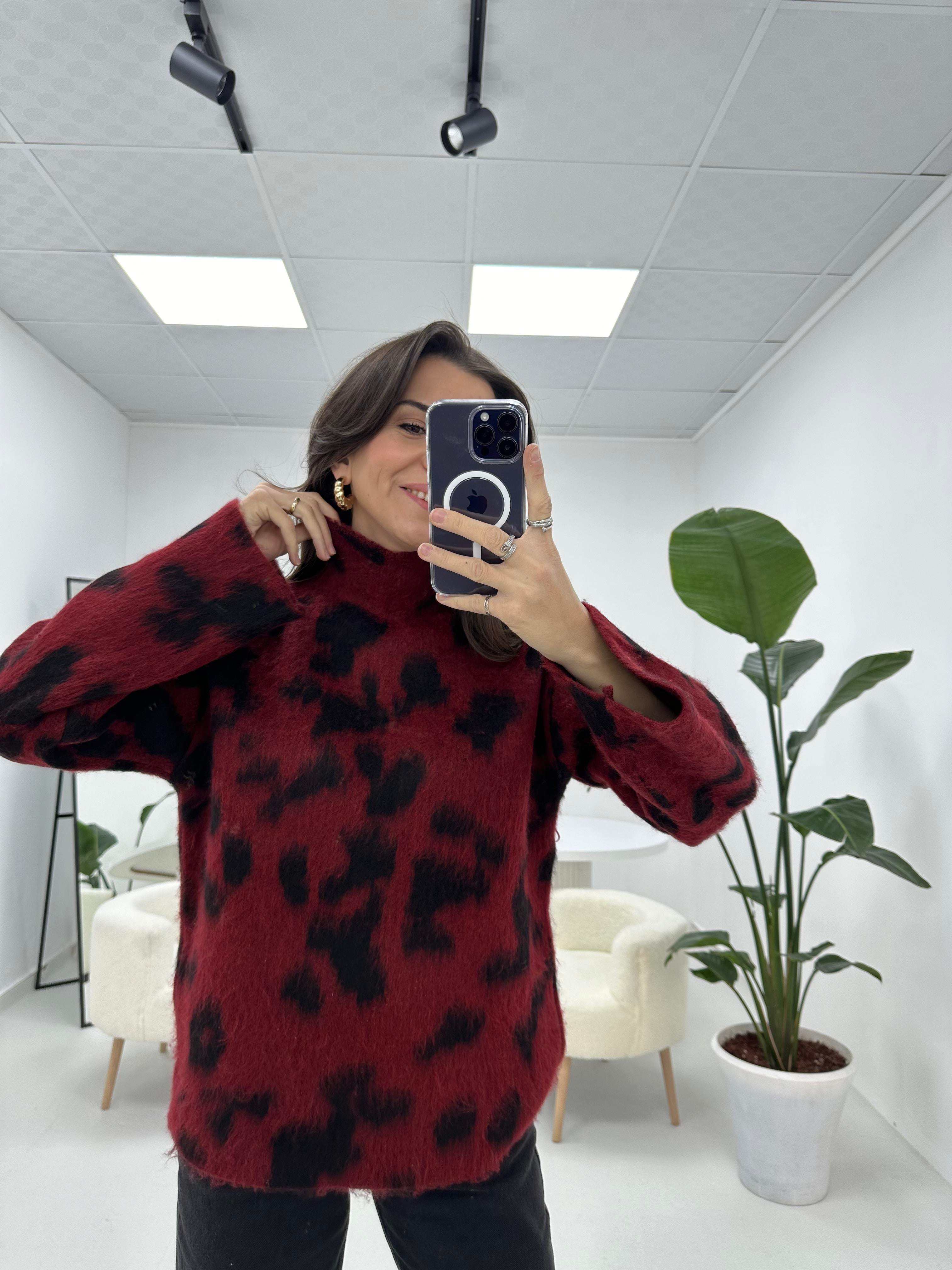 Leopar Desenli Bordo Kazak 