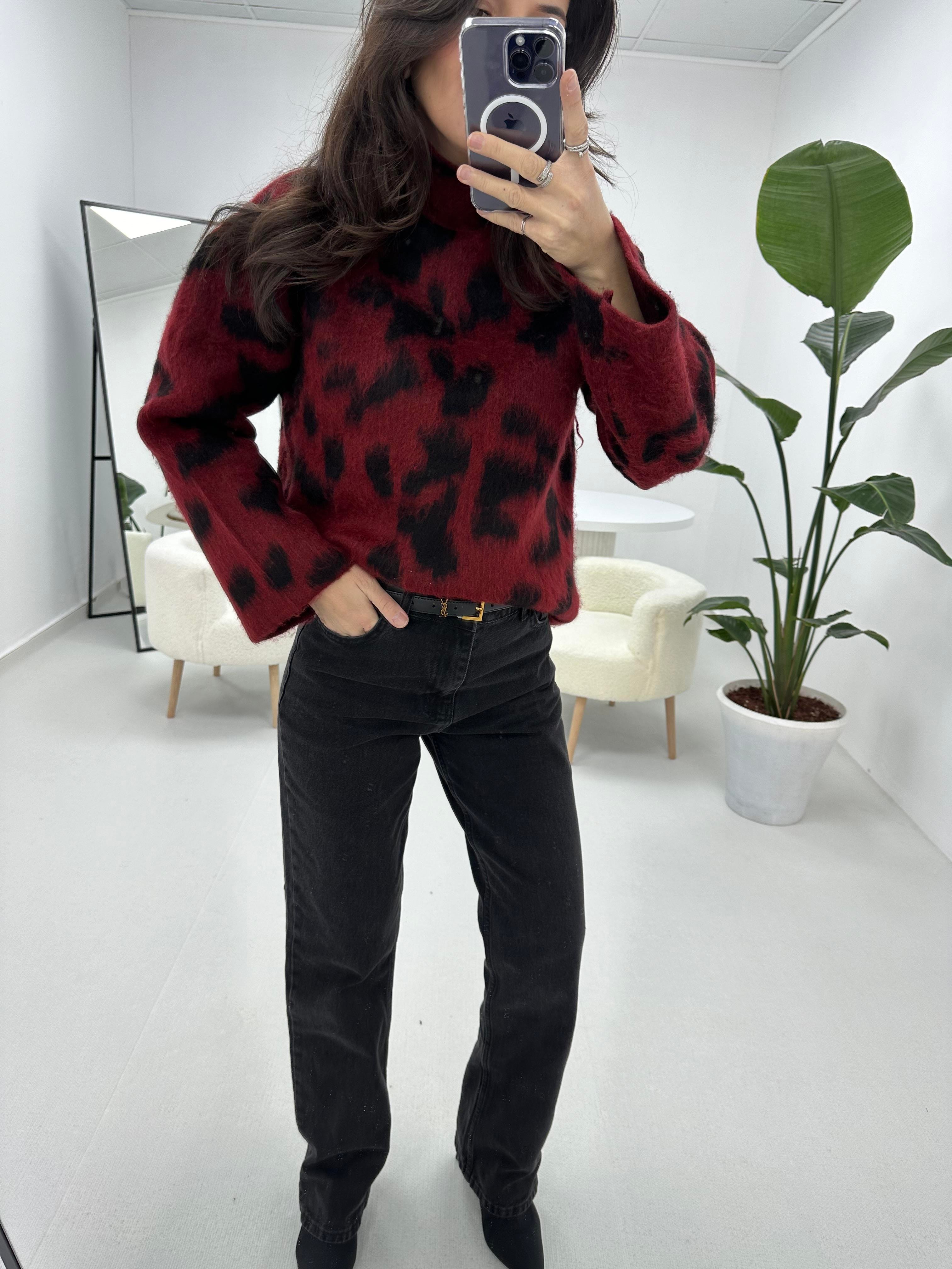 Leopar Desenli Bordo Kazak 