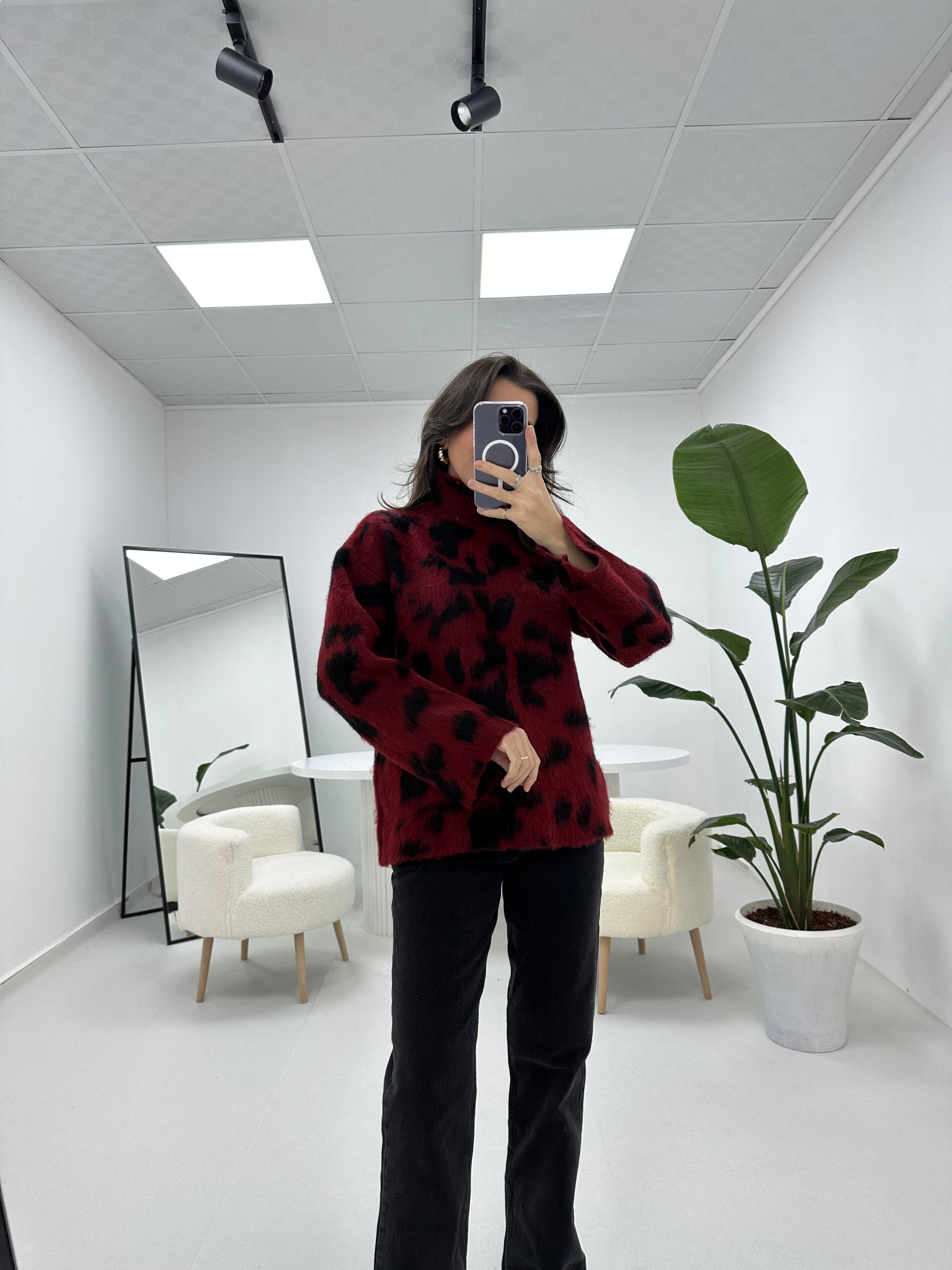 Leopar Desenli Bordo Kazak 