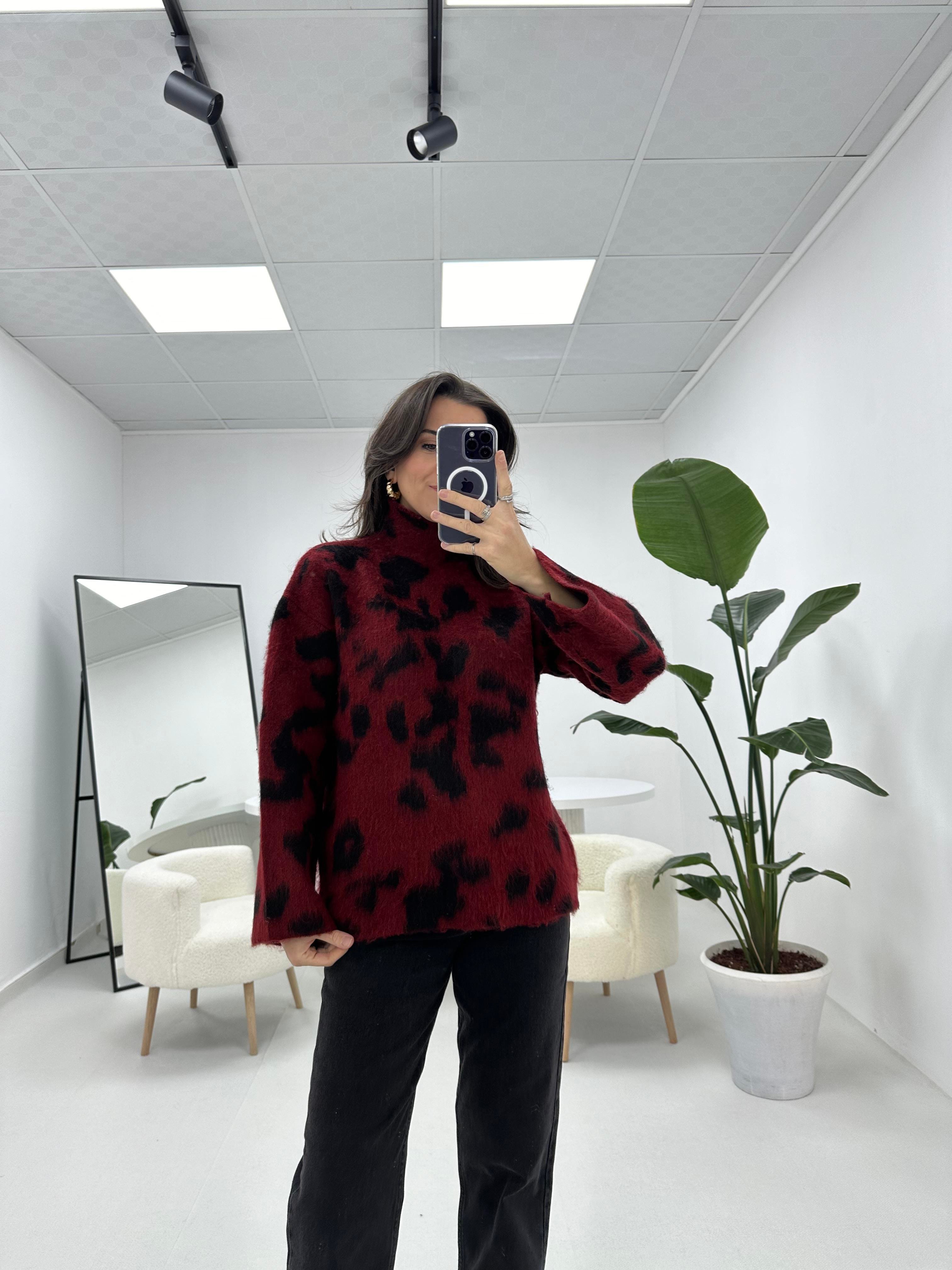 Leopar Desenli Bordo Kazak 