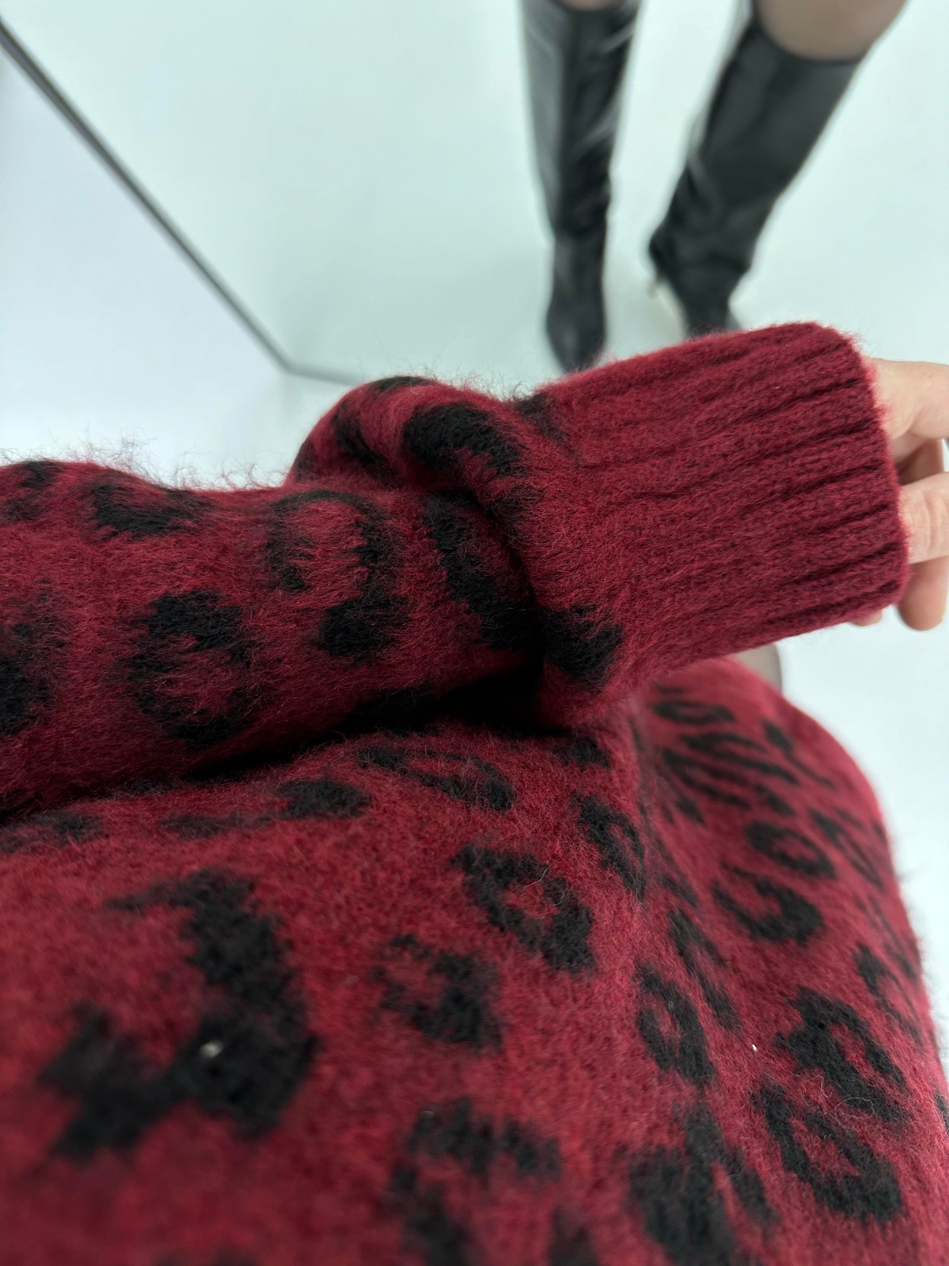 Leopar Desenli Şardonlu Bordo  Kazak