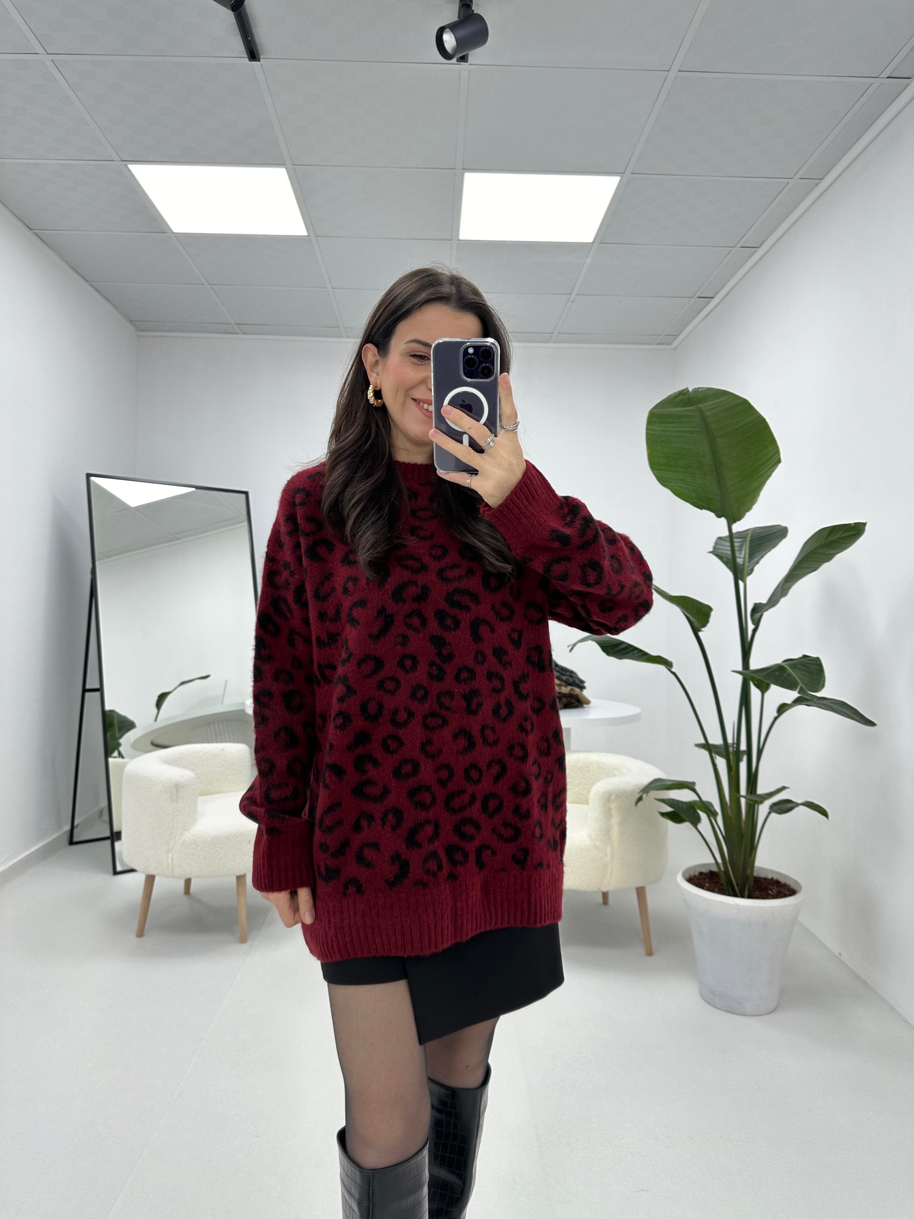 Leopar Desenli Şardonlu Bordo  Kazak