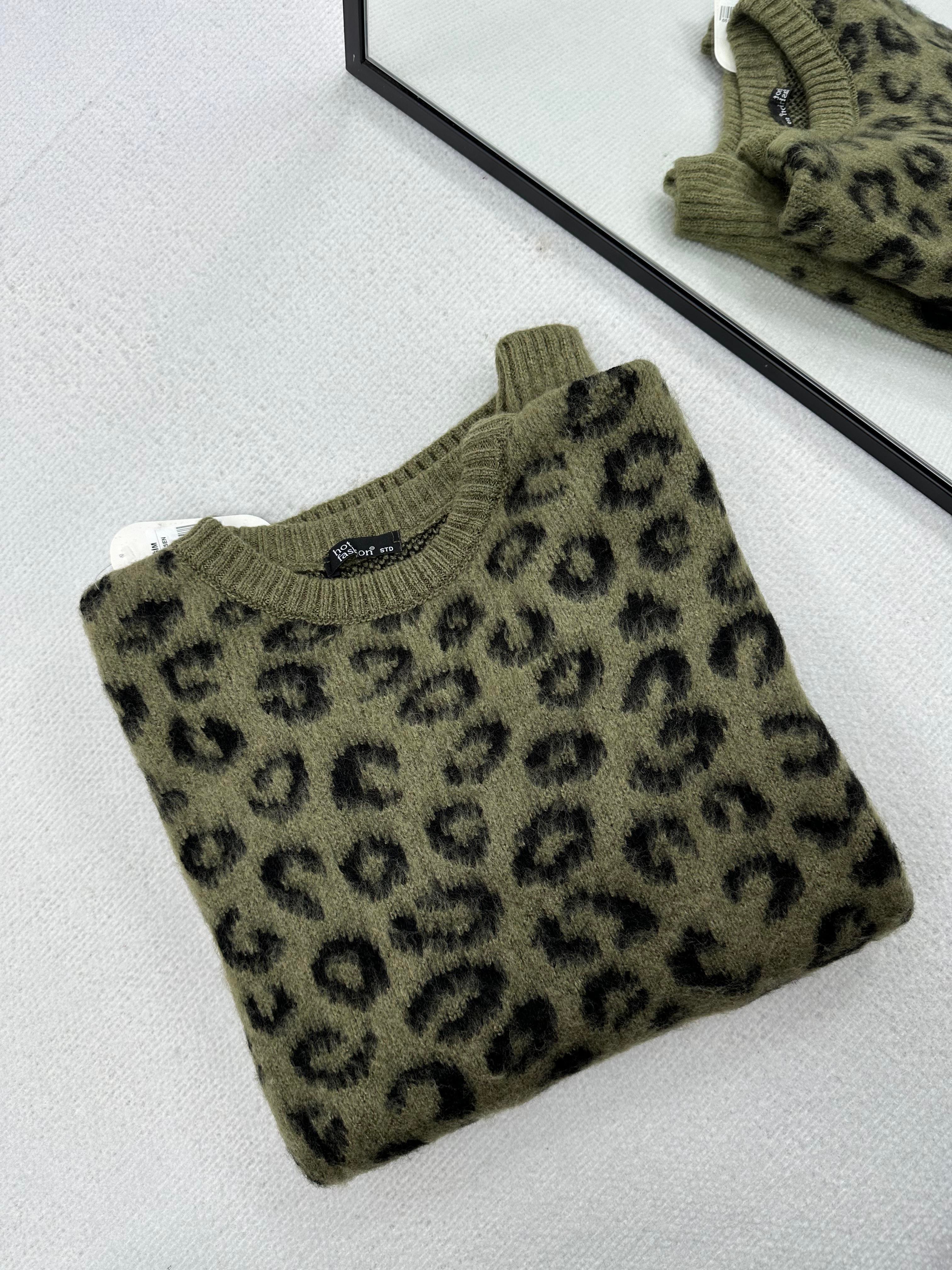 Leopar Desenli Şardonlu Haki  Kazak