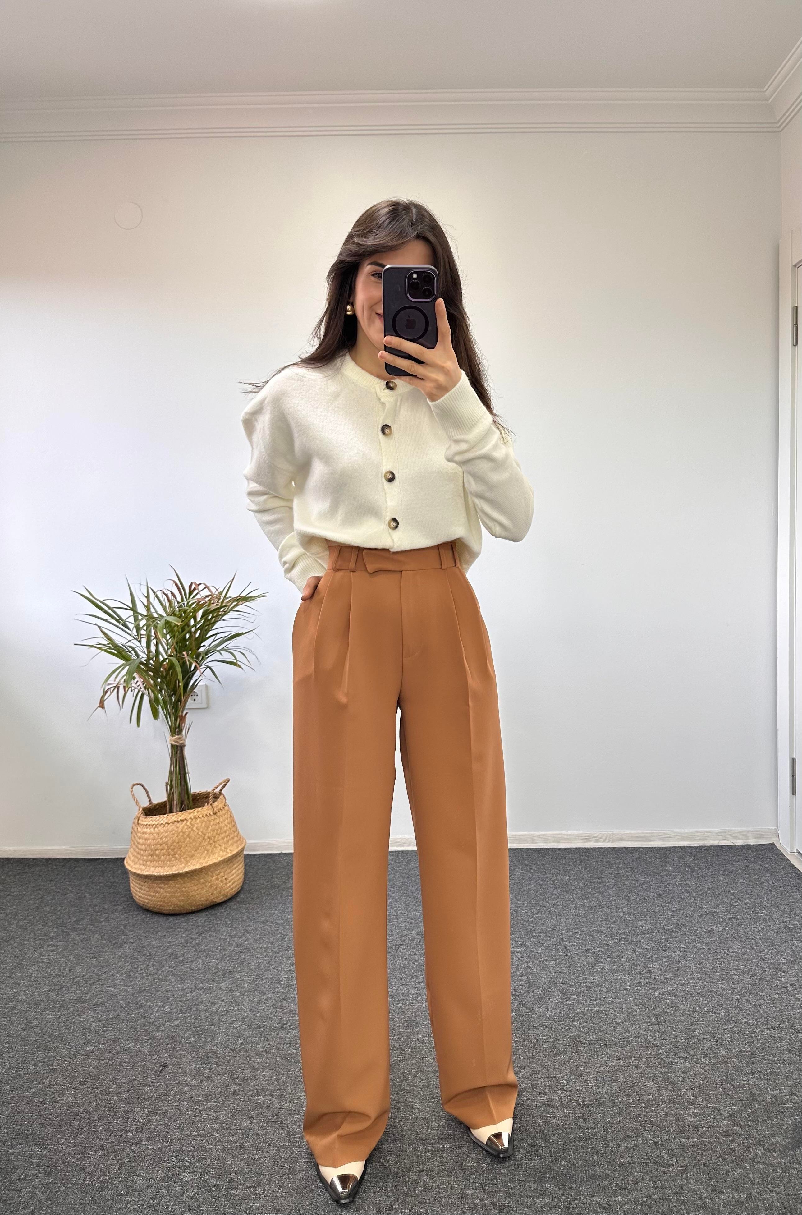 Lüx Kalite Camel Palazzo Pantolon 