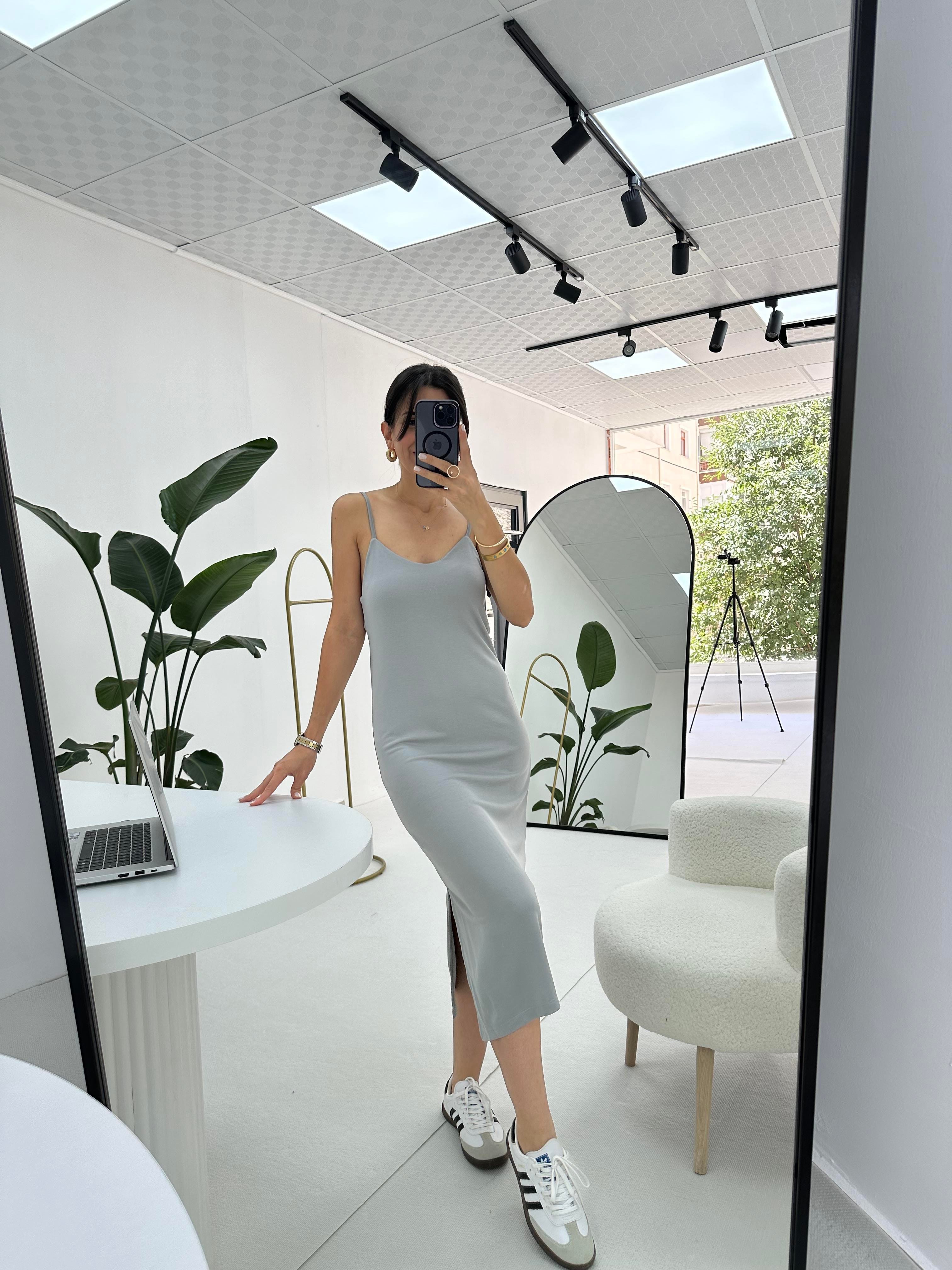 Modal Kumaş İnce Askılı Gri Elbise