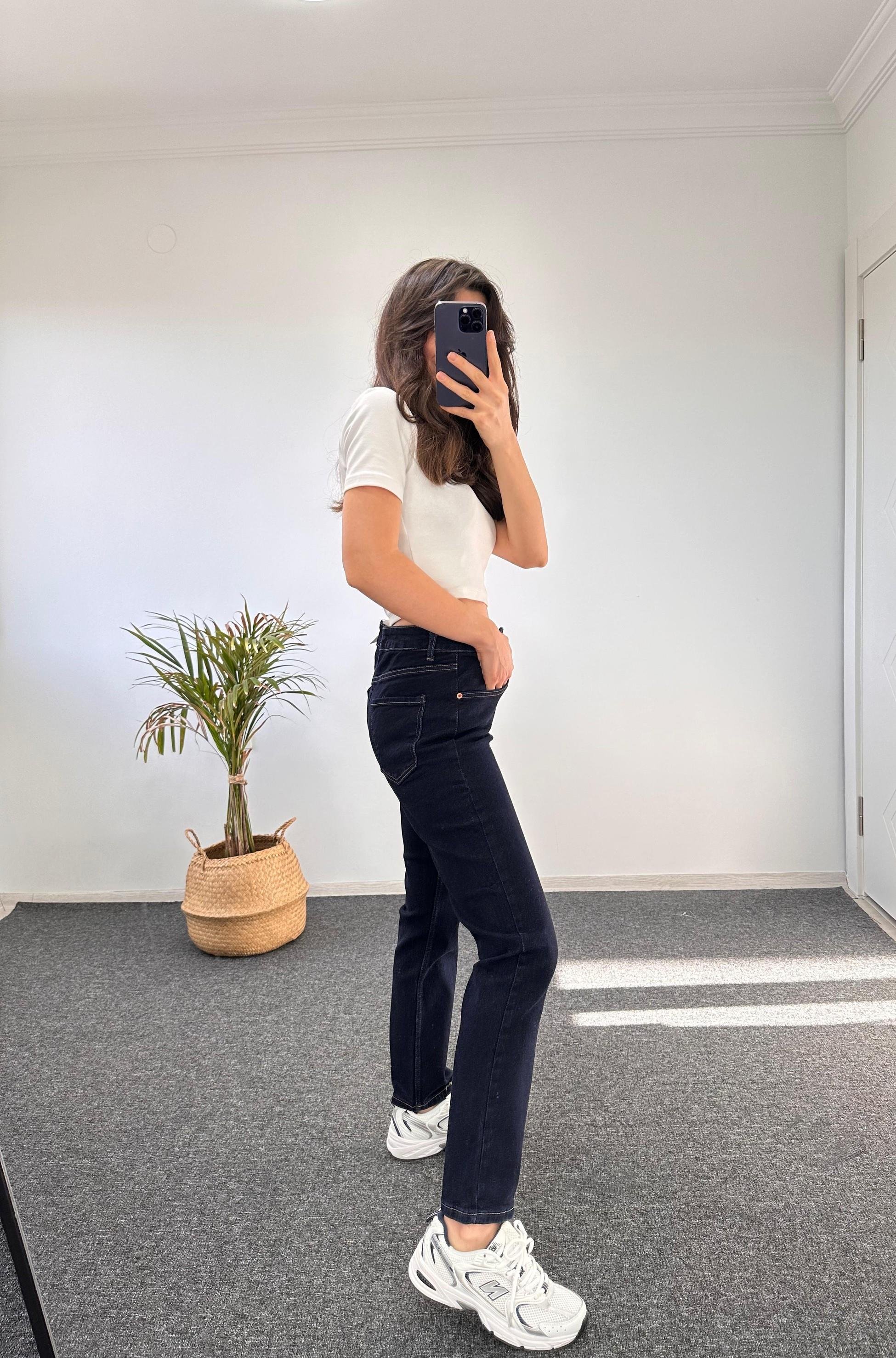 ORJ MARKA LİKRALI LACİVERT MOM JEAN