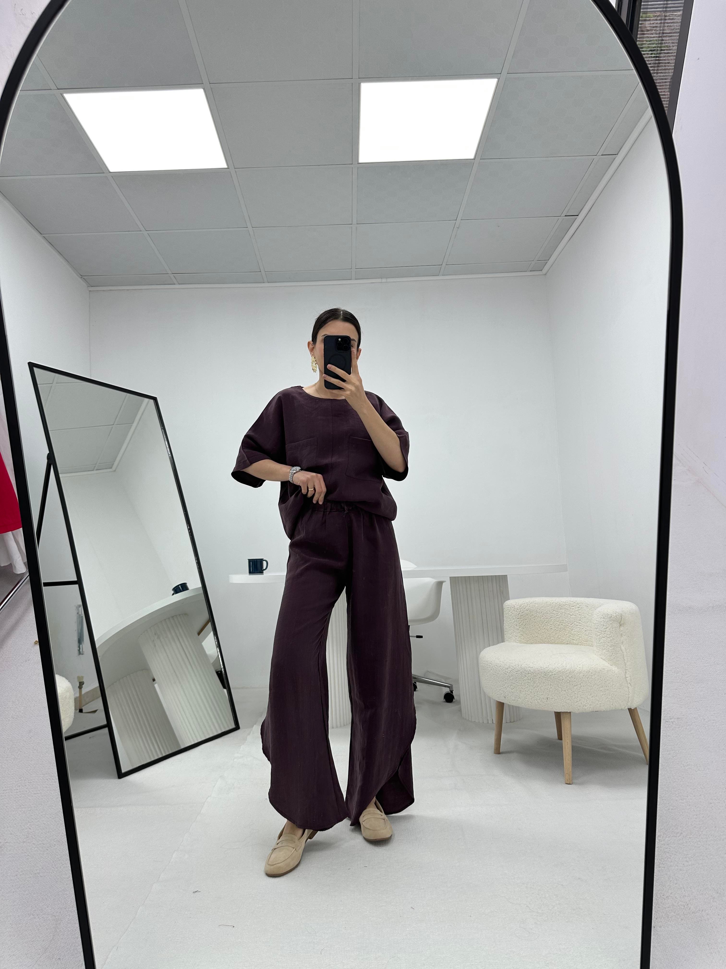 Oval Kesim Paça Detaylı Mürdüm Takım 