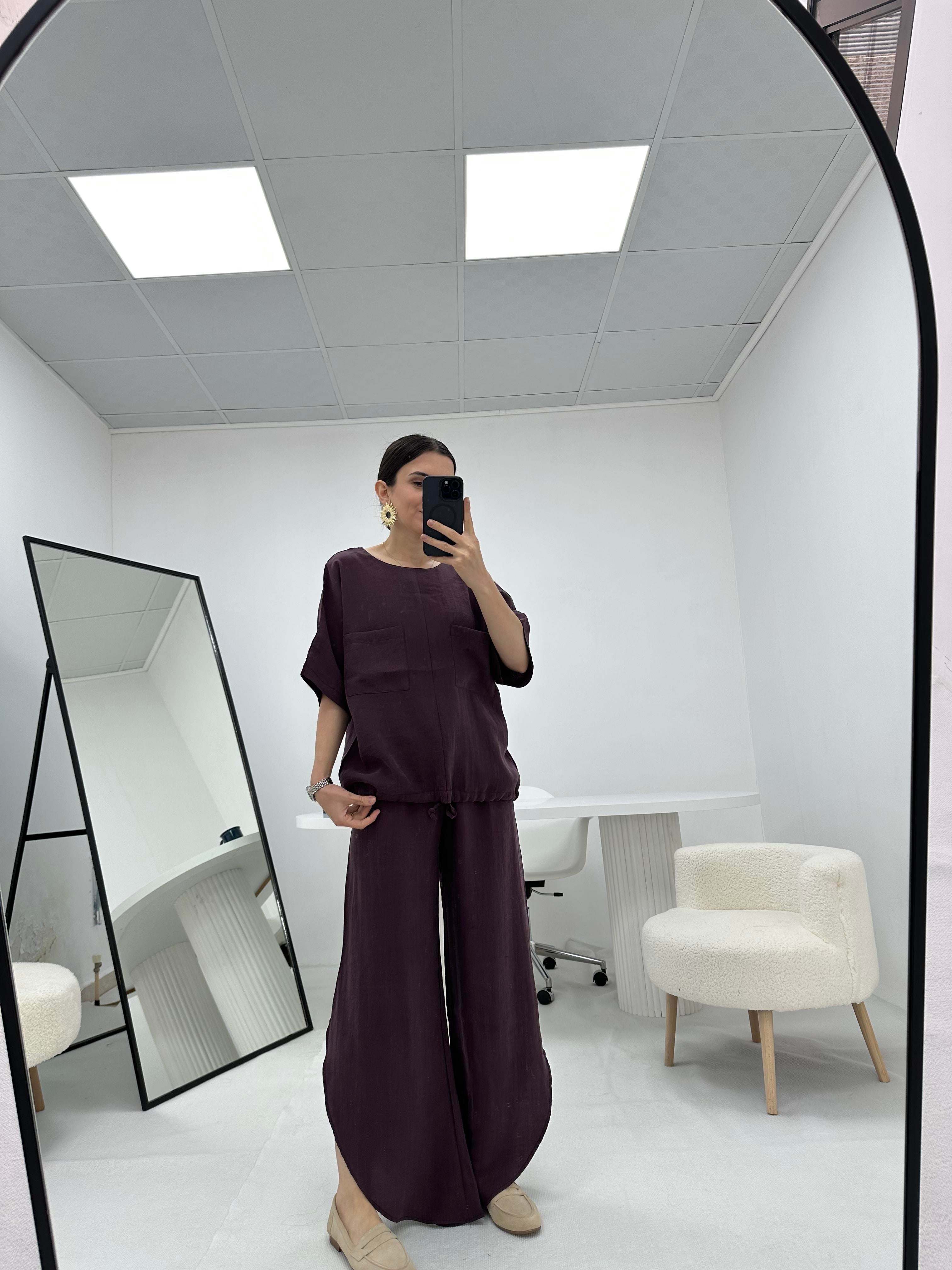 Oval Kesim Paça Detaylı Mürdüm Takım 