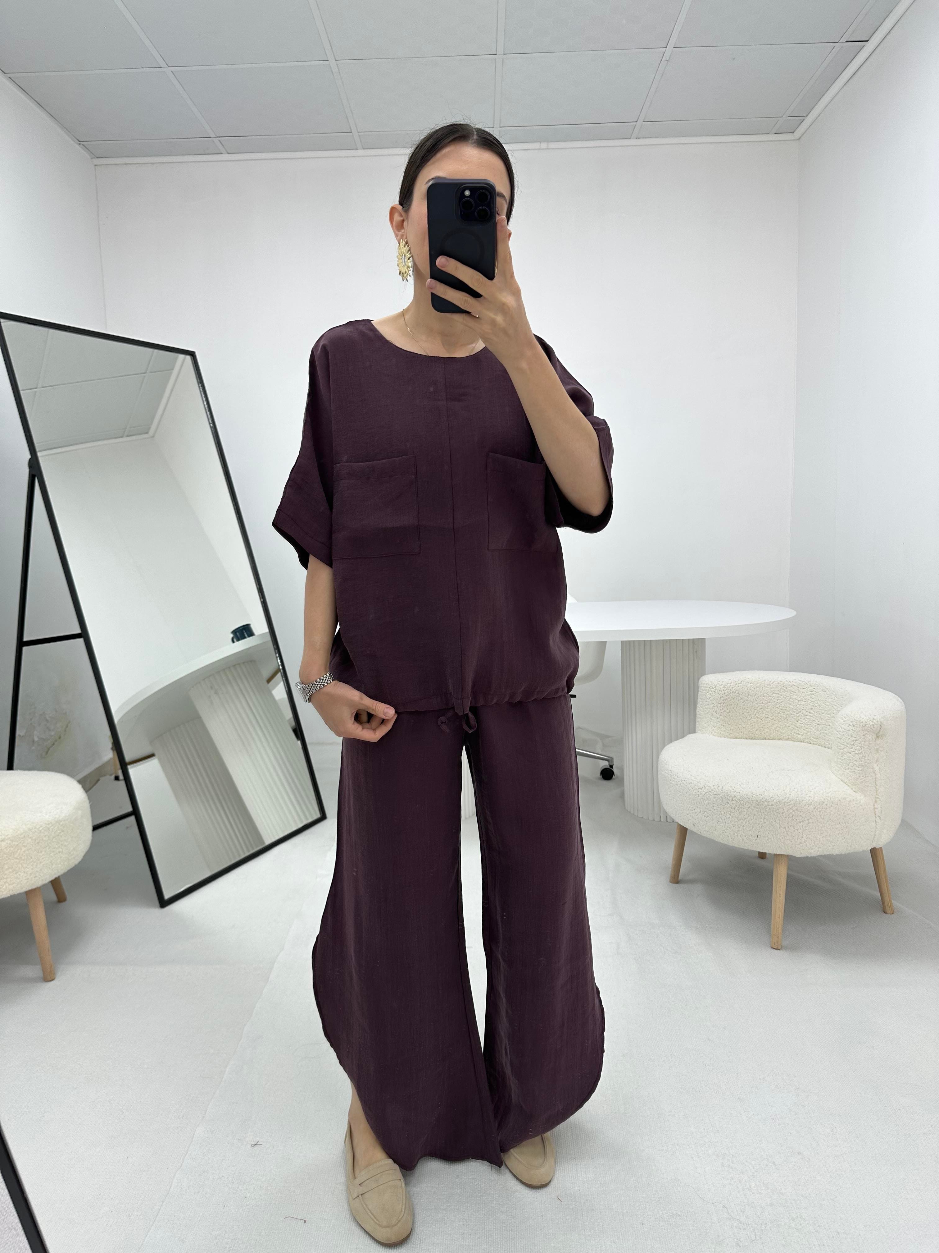 Oval Kesim Paça Detaylı Mürdüm Takım 