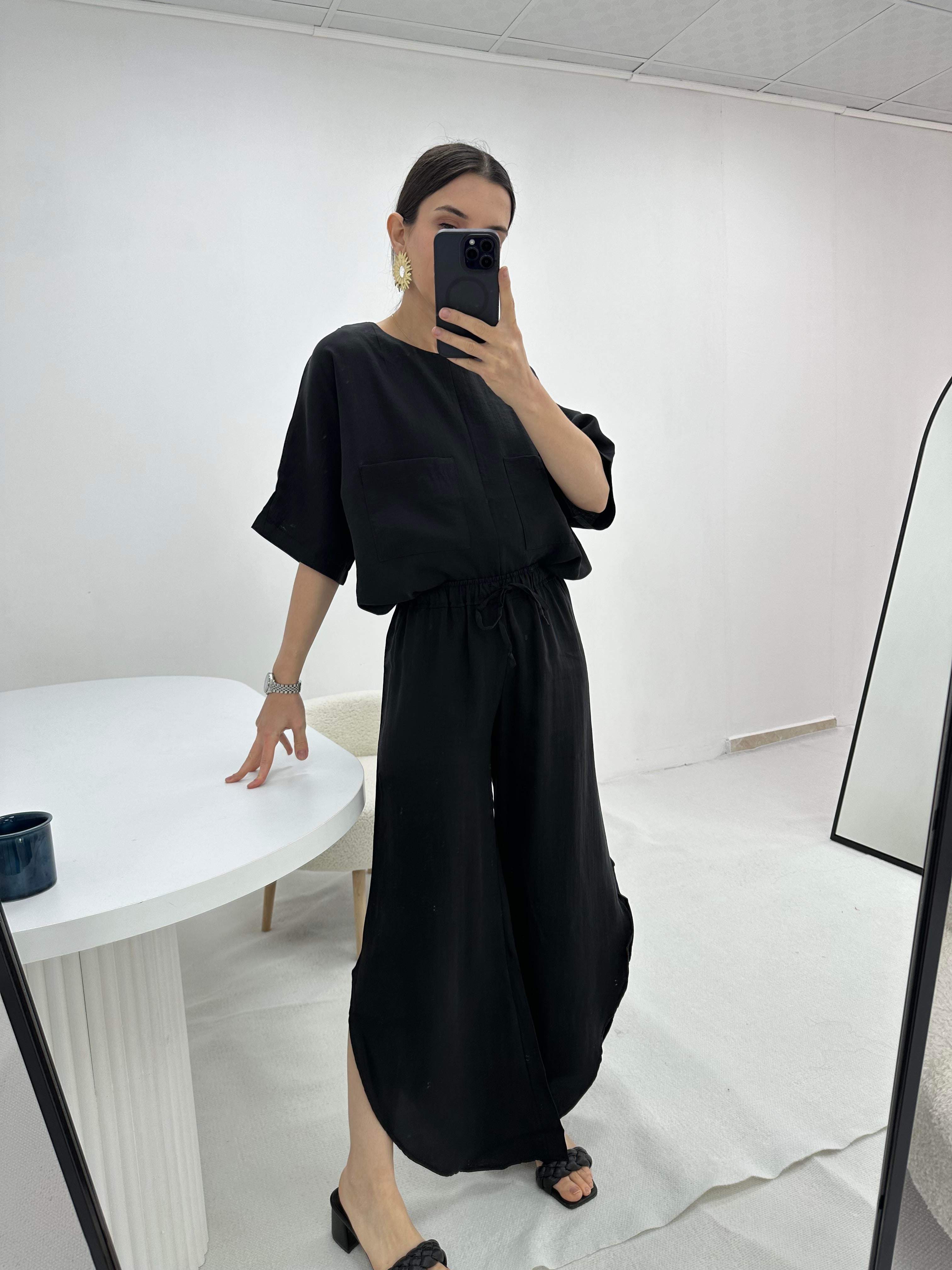Oval Kesim Paça Detaylı Siyah  Takım 