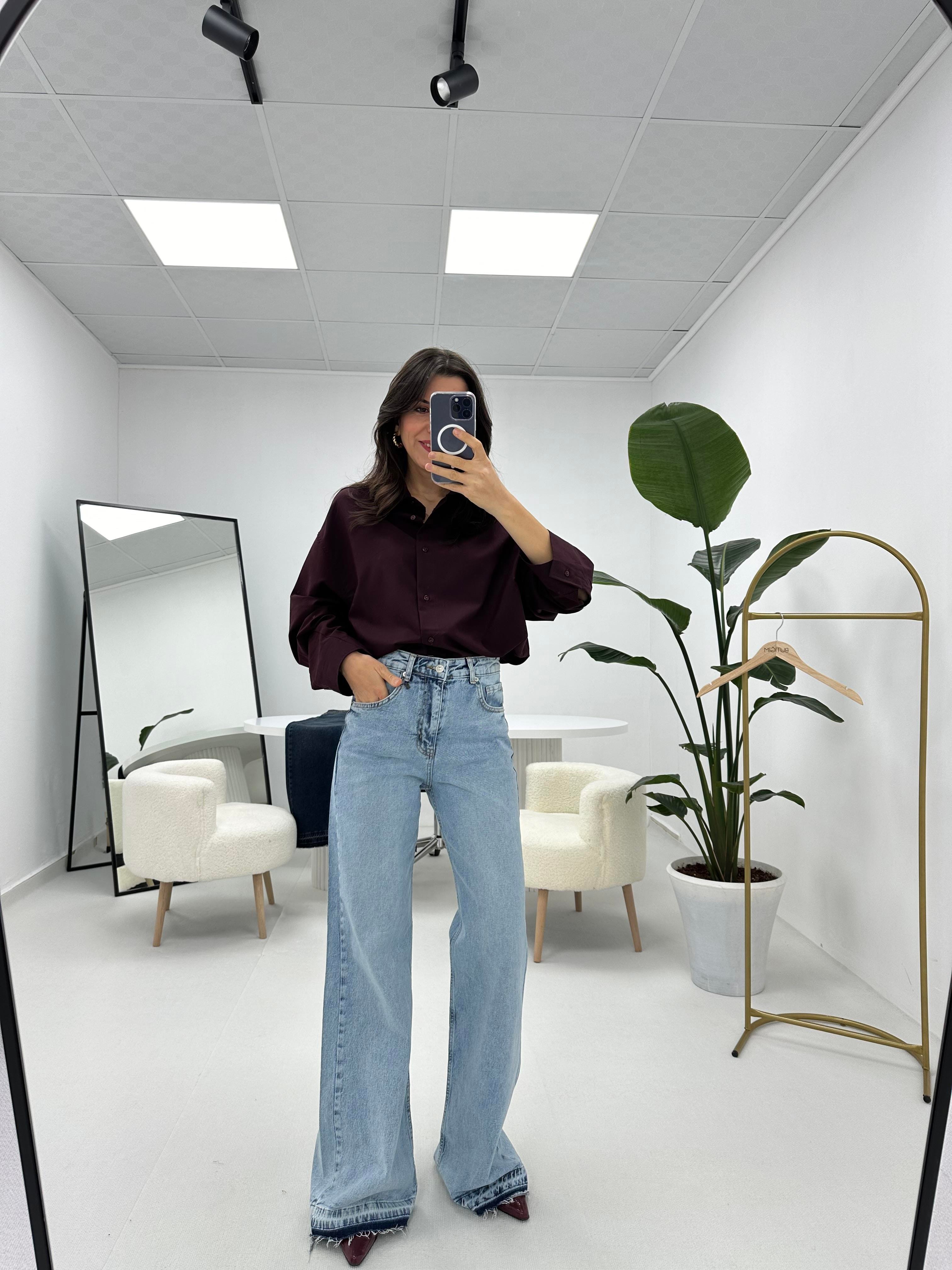 Paça Detaylı Palazzo Buz Mavisi Jean 