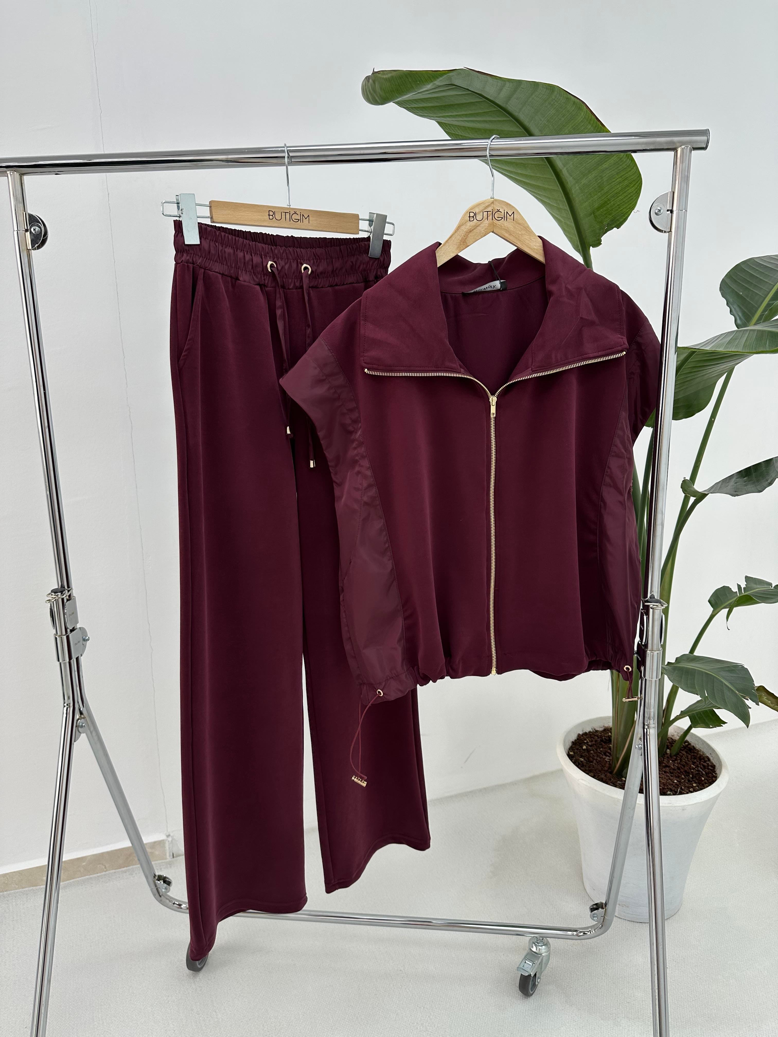 Paraşüt Detaylı Modal Kumaş Bordo Takım