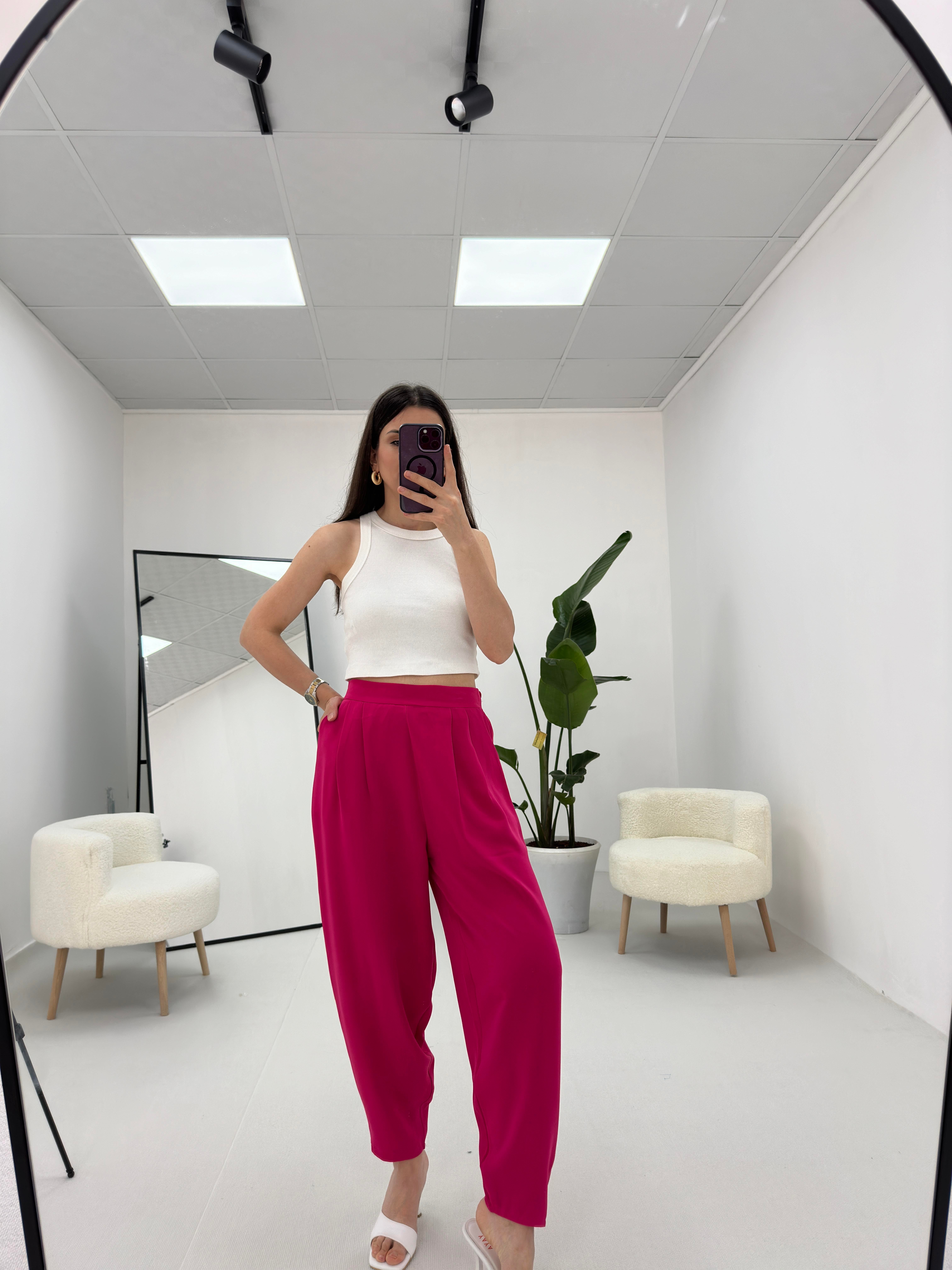 Pembe Beli Lastikli Pilili Pantolon