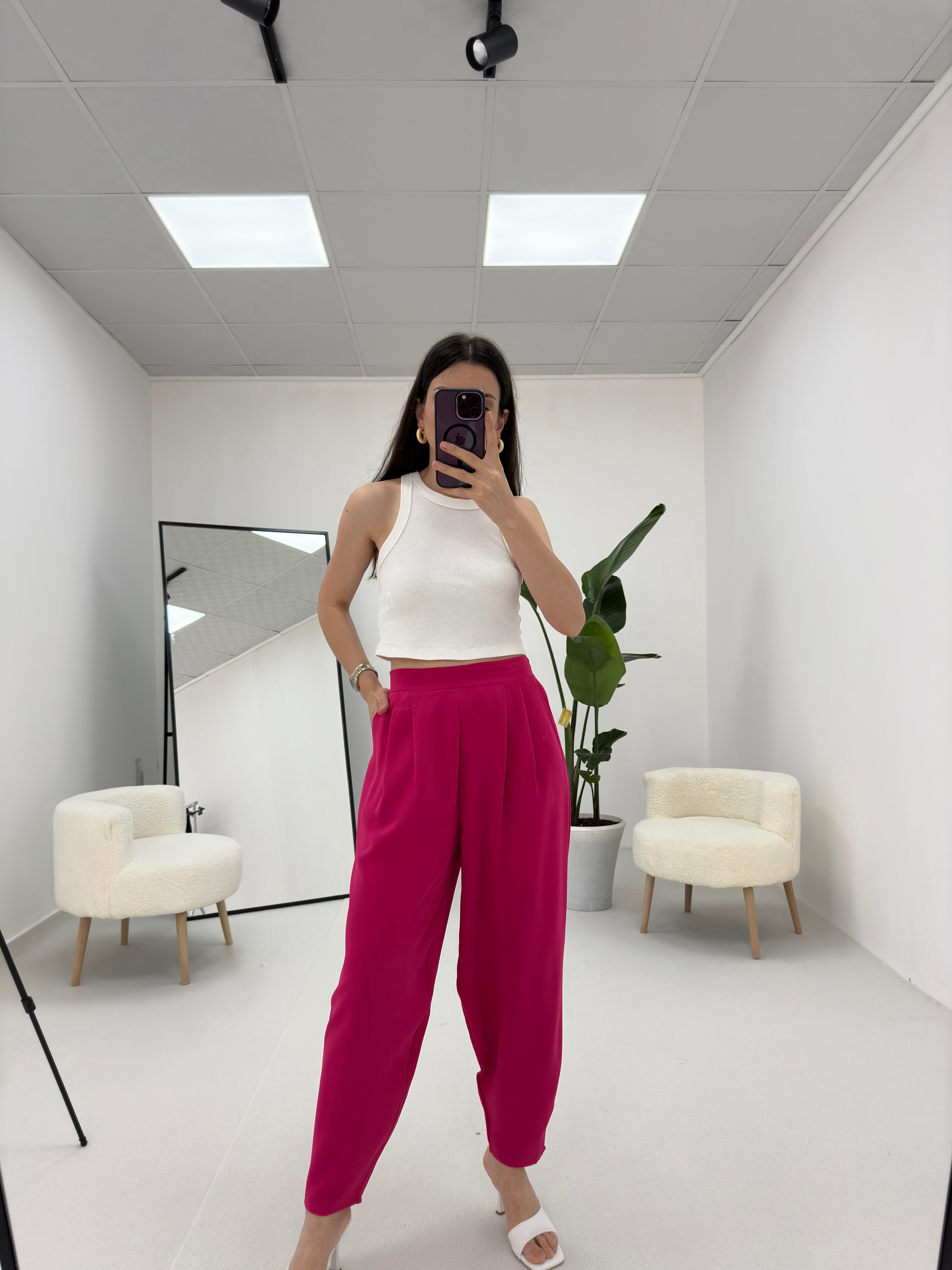 Pembe Beli Lastikli Pilili Pantolon