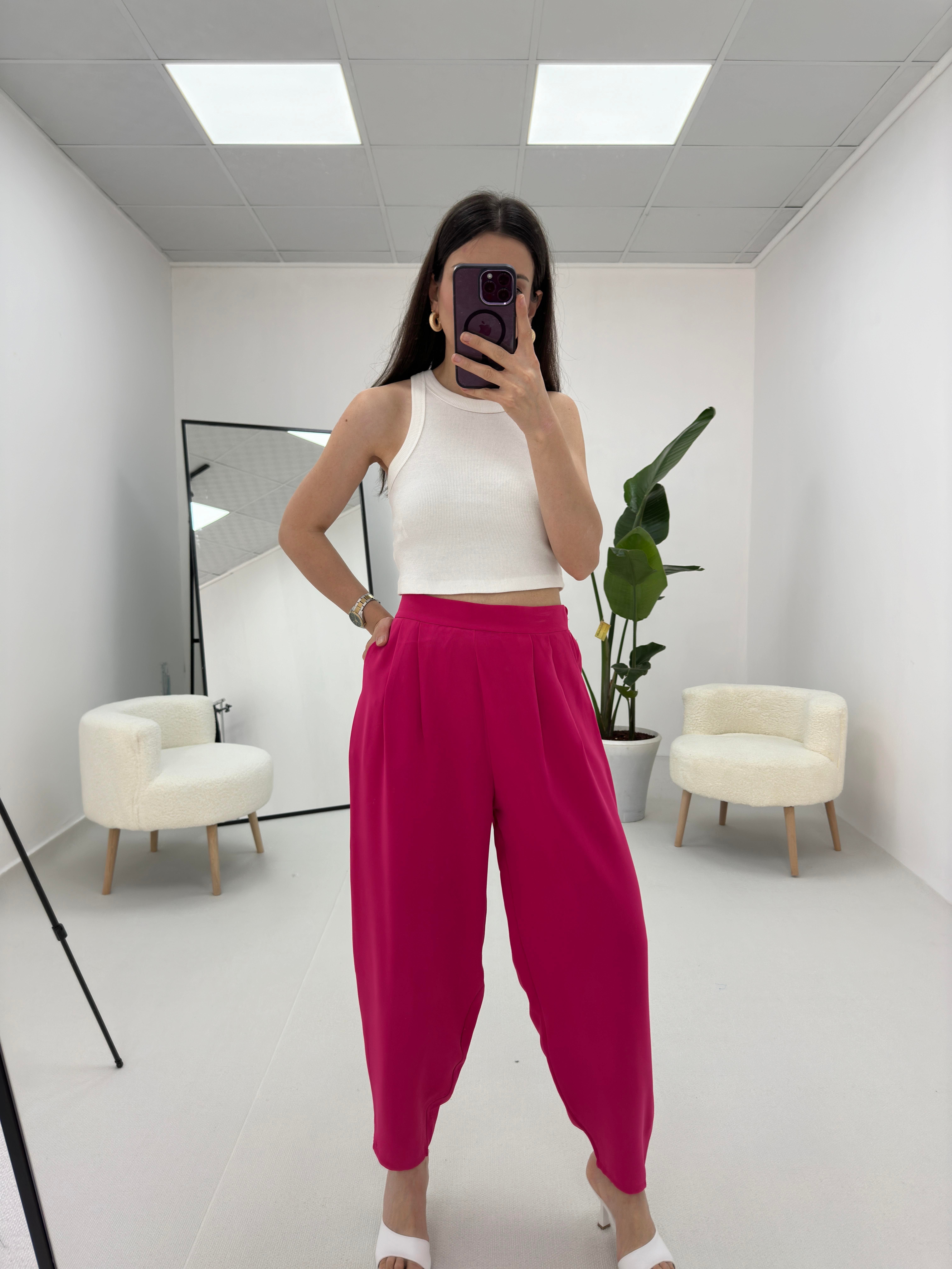 Pembe Beli Lastikli Pilili Pantolon