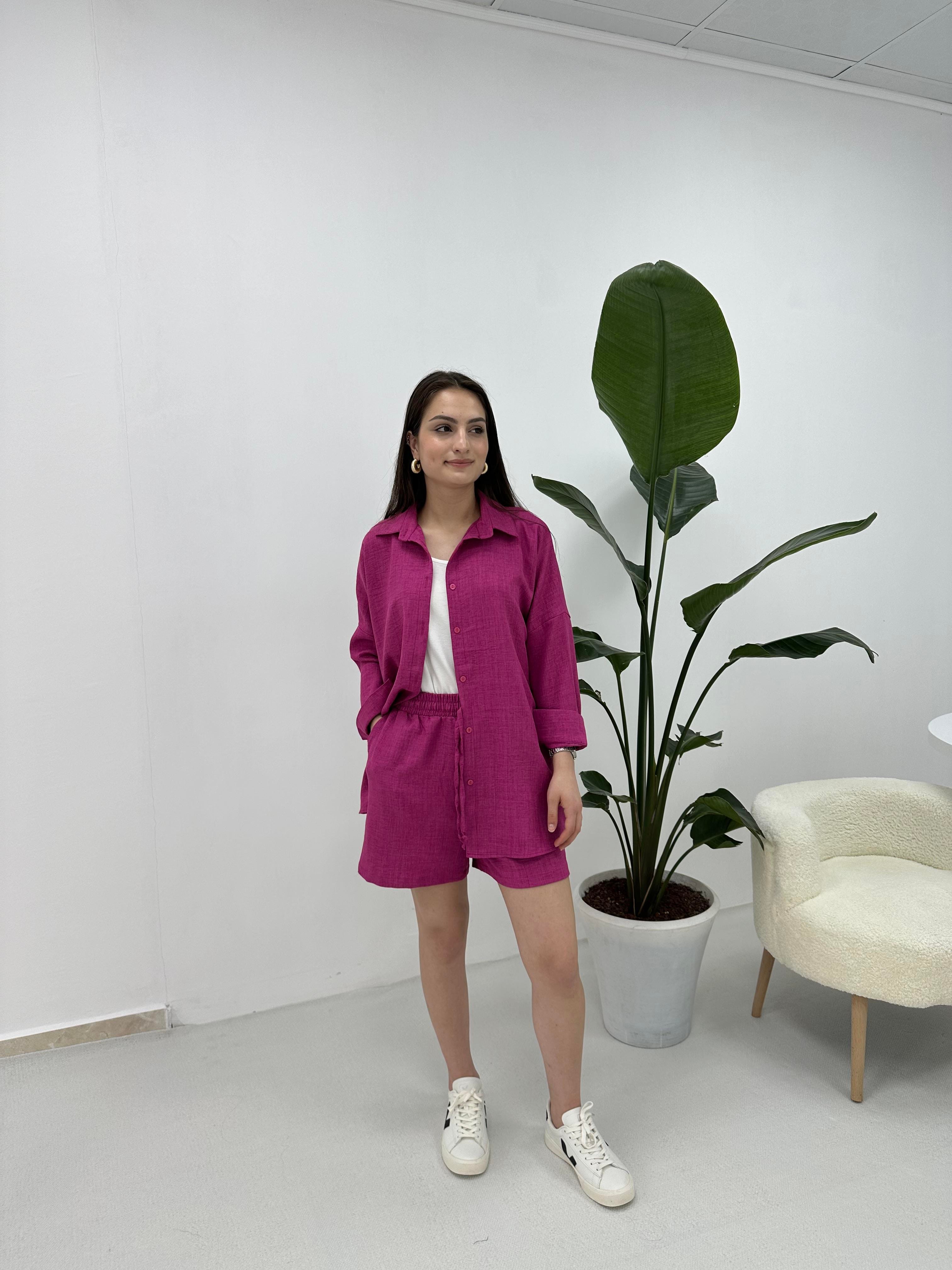 Pembe Keten Kumaş Şortlu Takım