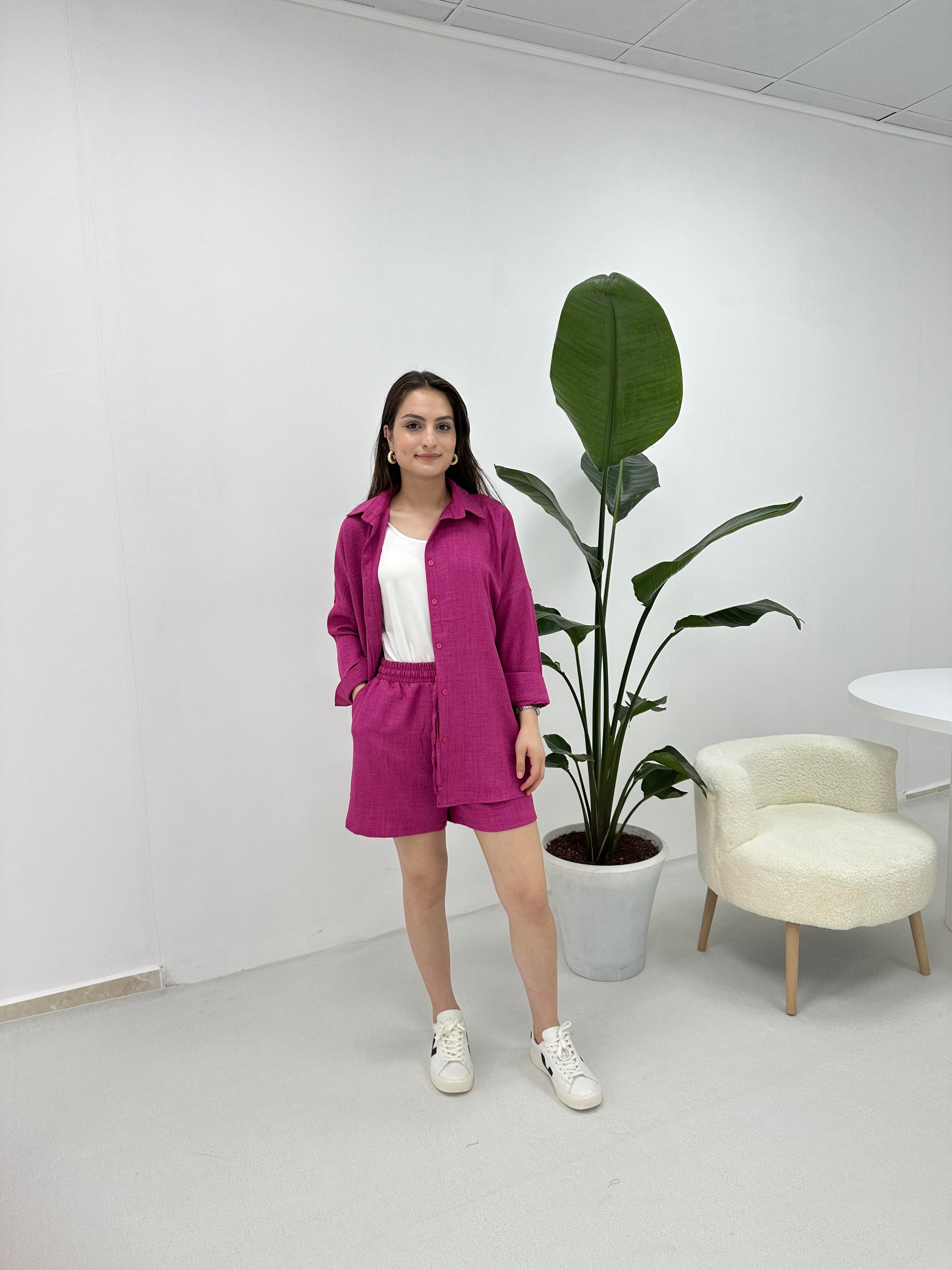 Pembe Keten Kumaş Şortlu Takım