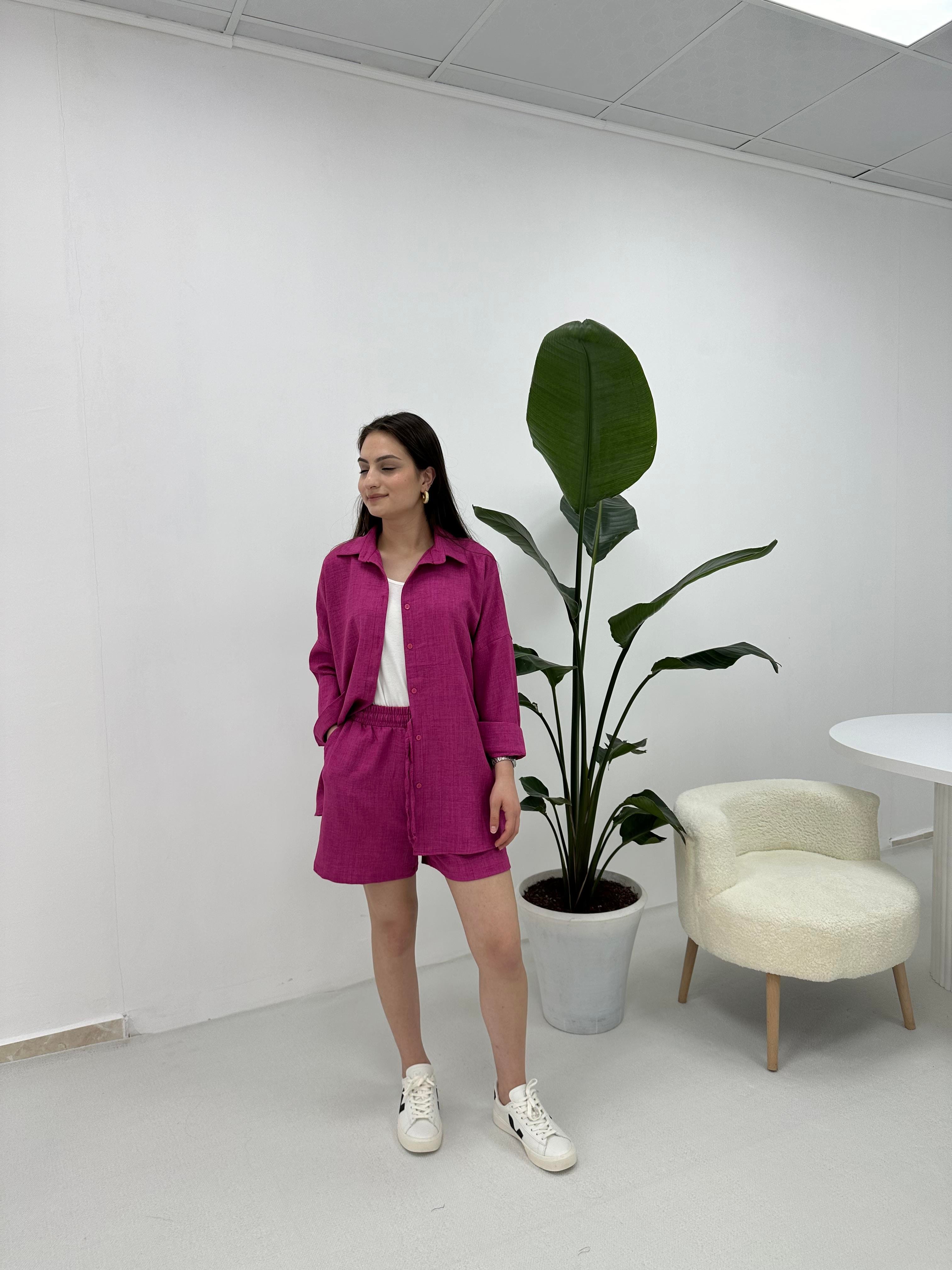 Pembe Keten Kumaş Şortlu Takım