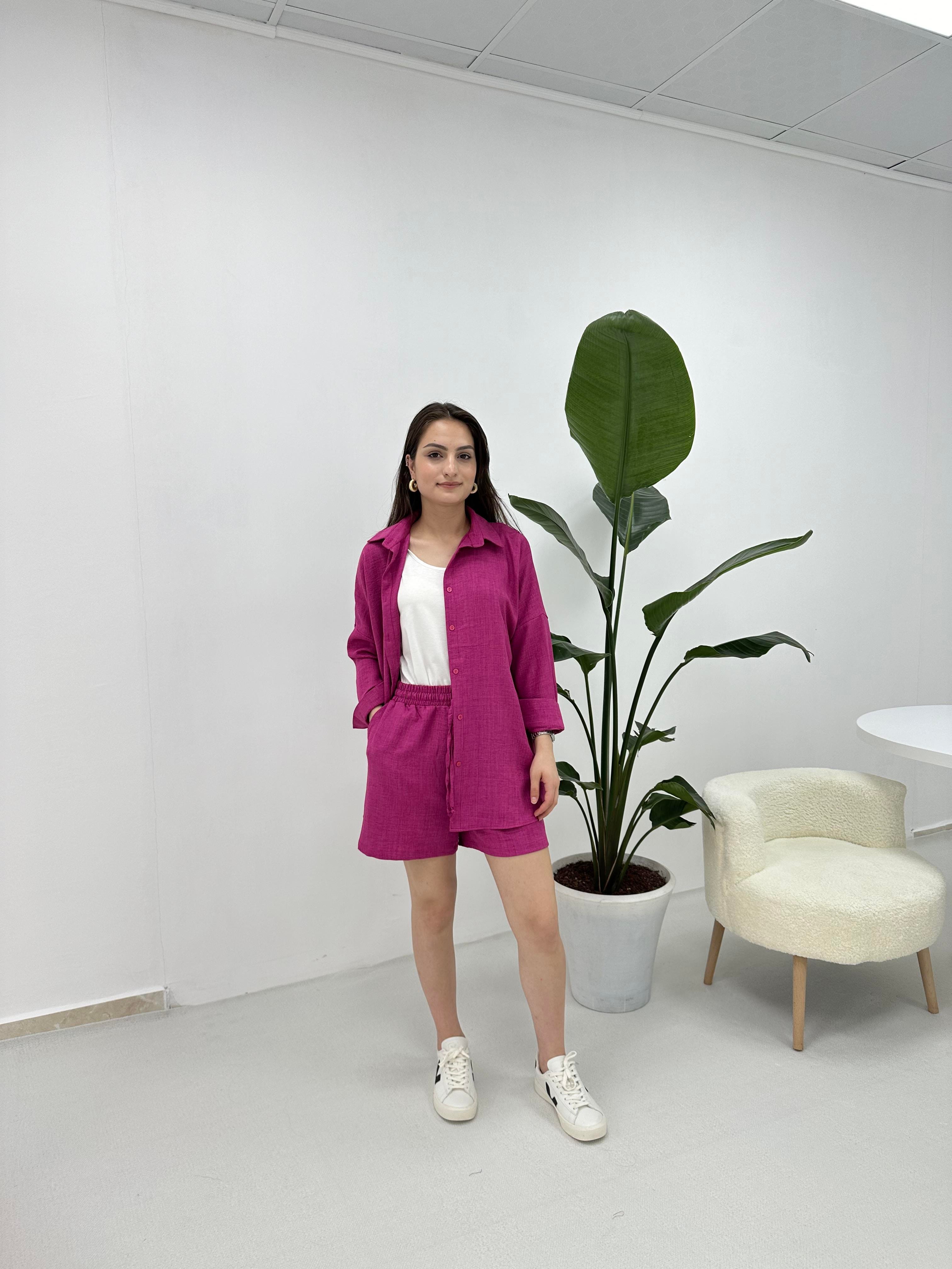 Pembe Keten Kumaş Şortlu Takım
